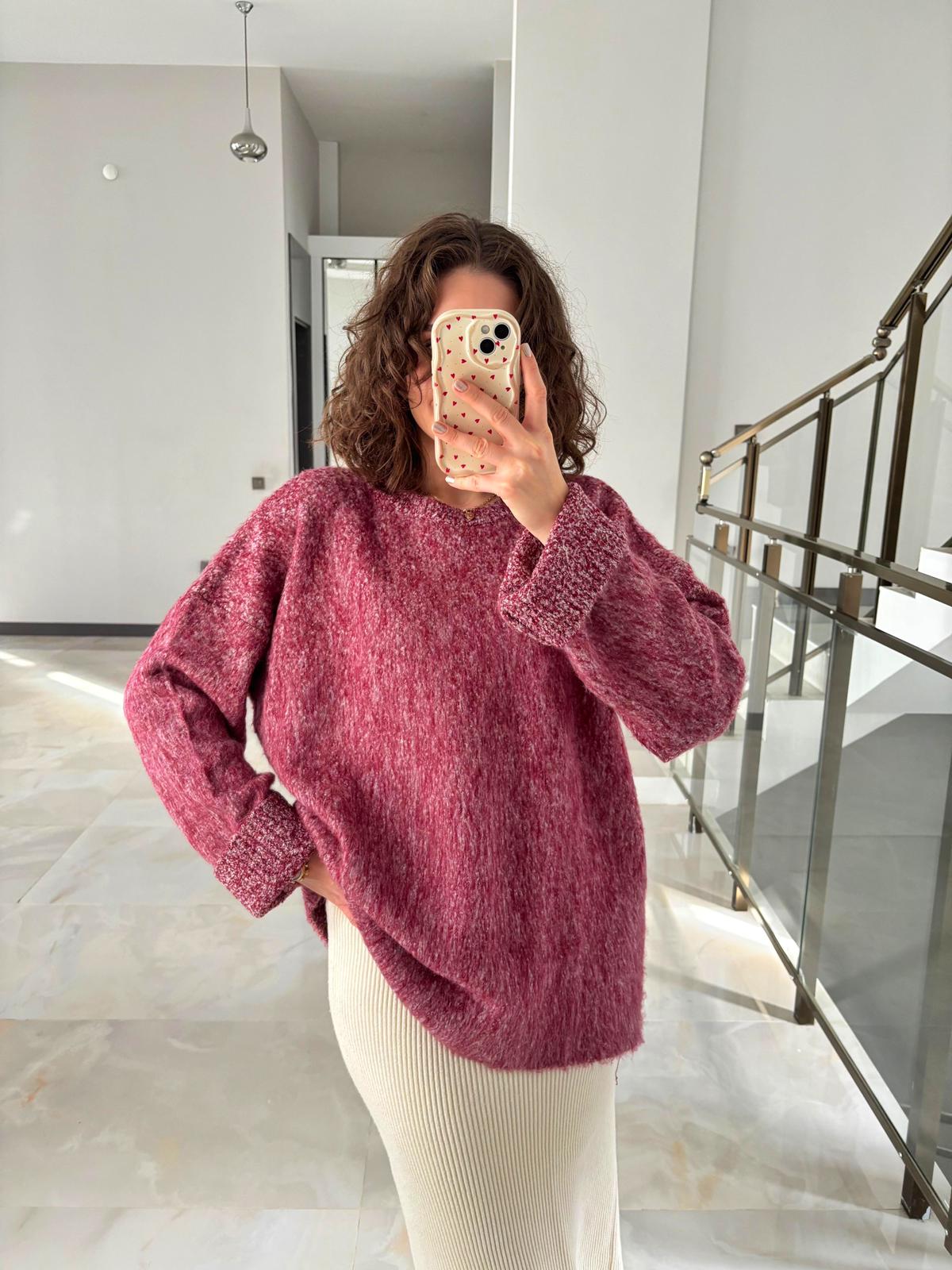 Bisiklet Yaka Kırçıllı Oversize Kazak - Kırmızı