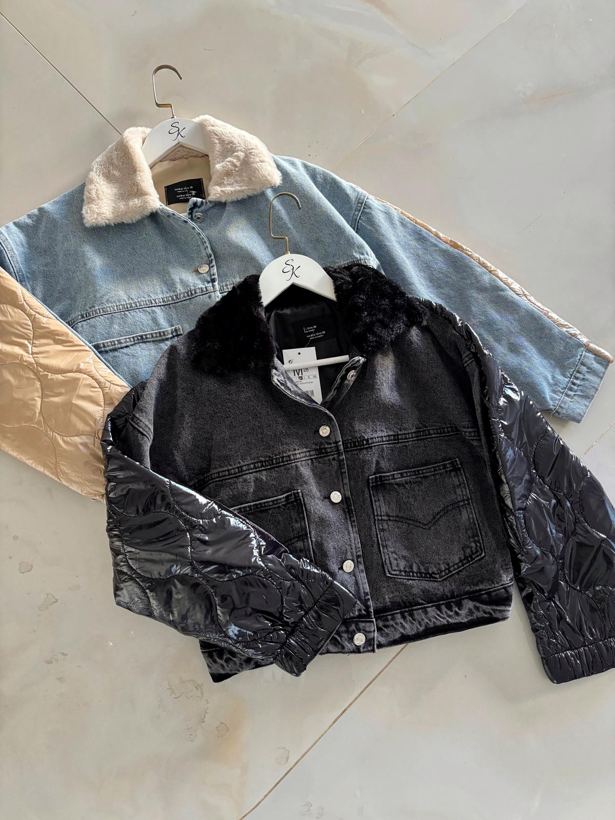 Yakası Kürk Sırtı Kapitone Detaylı Kot Ceket