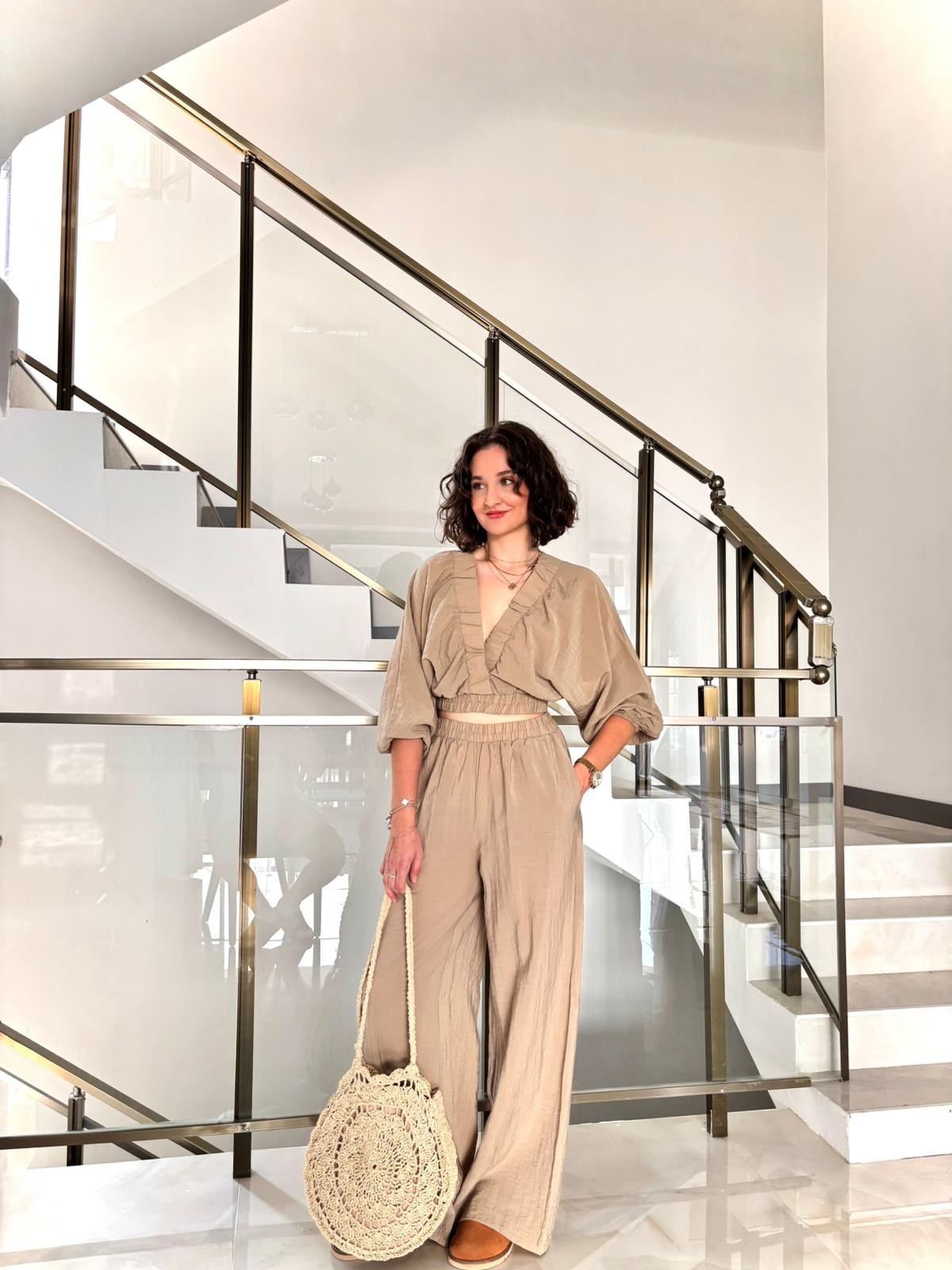 Premium V Yaka Crop Pantolon Takım(Astarlıdır) - Vizon