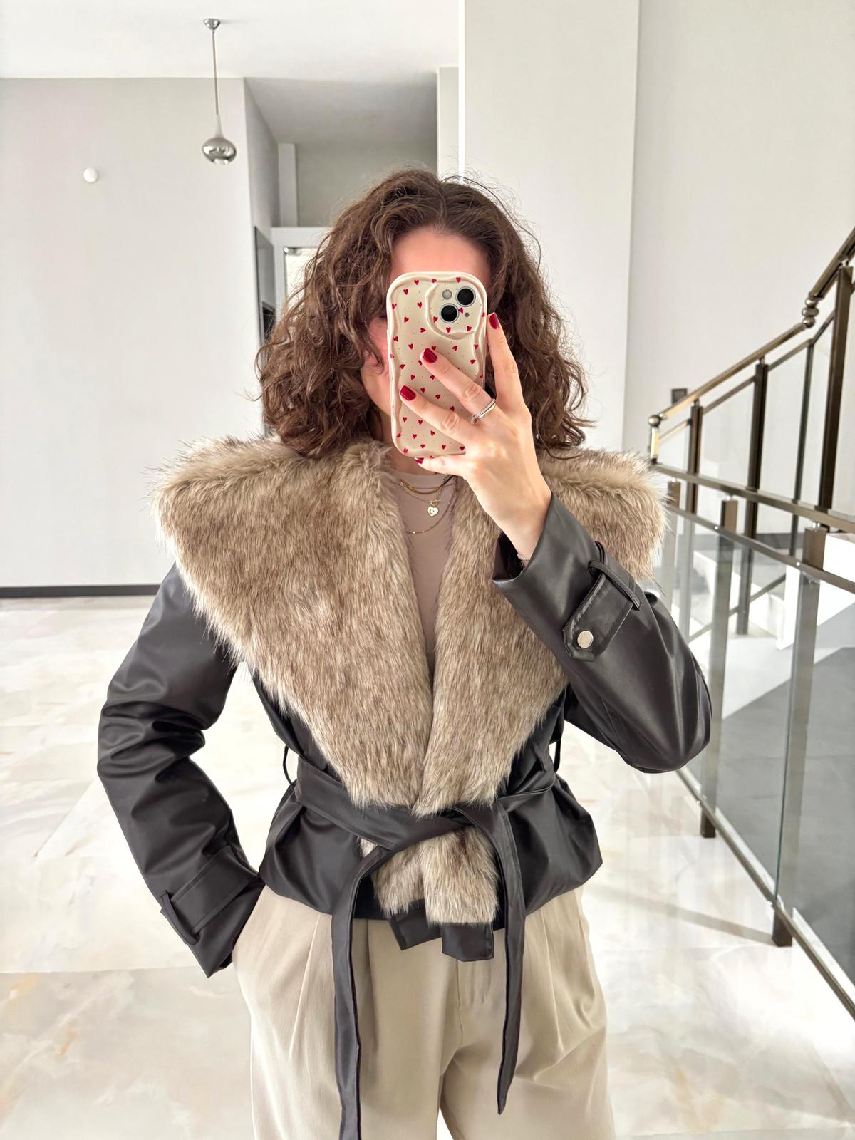 Premium Yakası Kürklü Kahve Deri Ceket