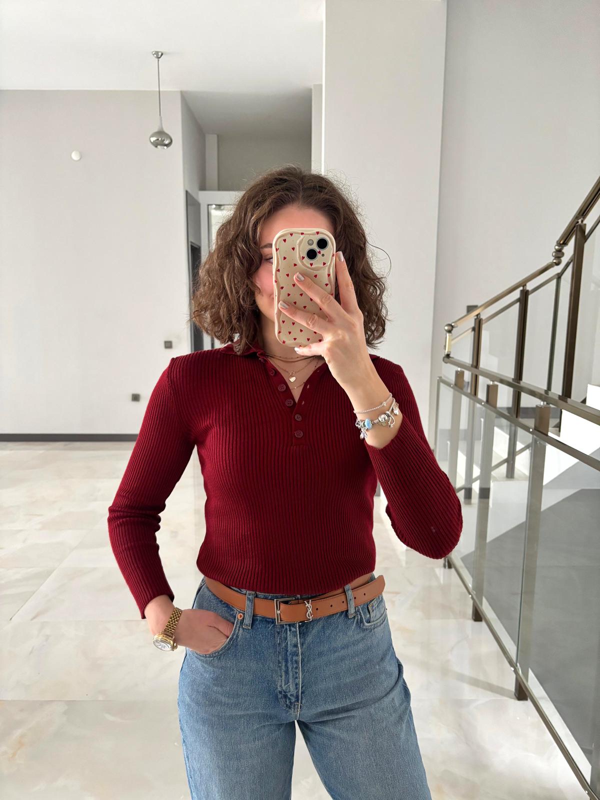 Polo Yaka Fitilli Triko Bluz