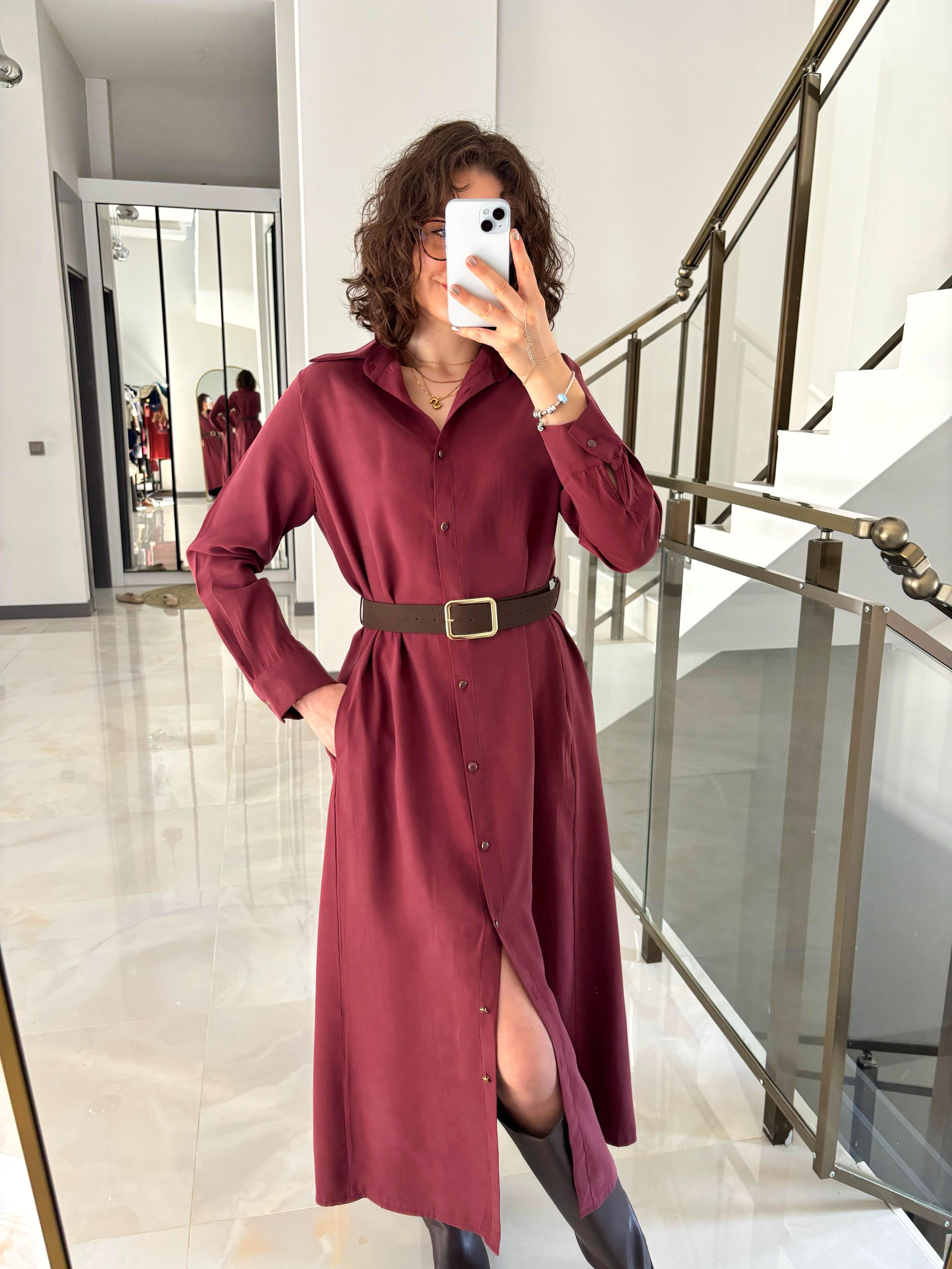 Bordo Modal Kumaş Süet Kemerli Elbise