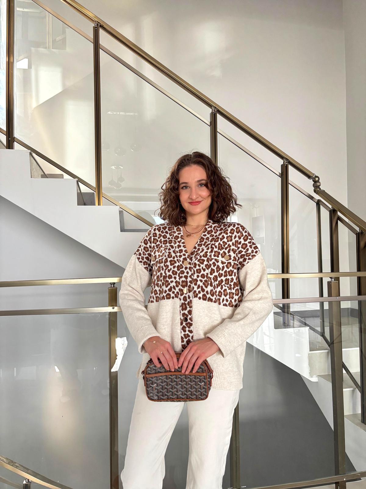 Leopar Desenli Gold Düğmeli Hırka