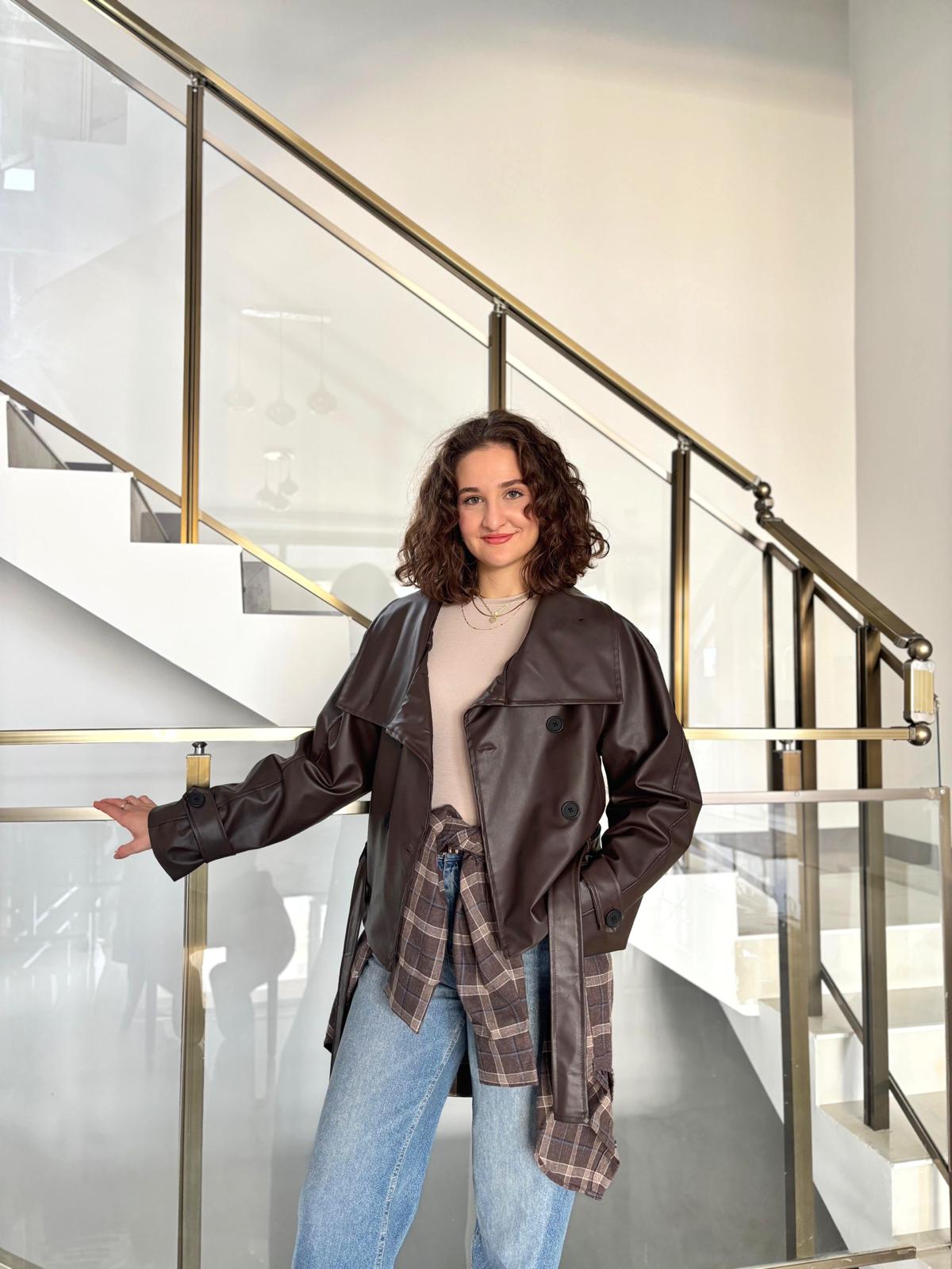 Dik Yaka Kuşaklı Premium Deri Ceket