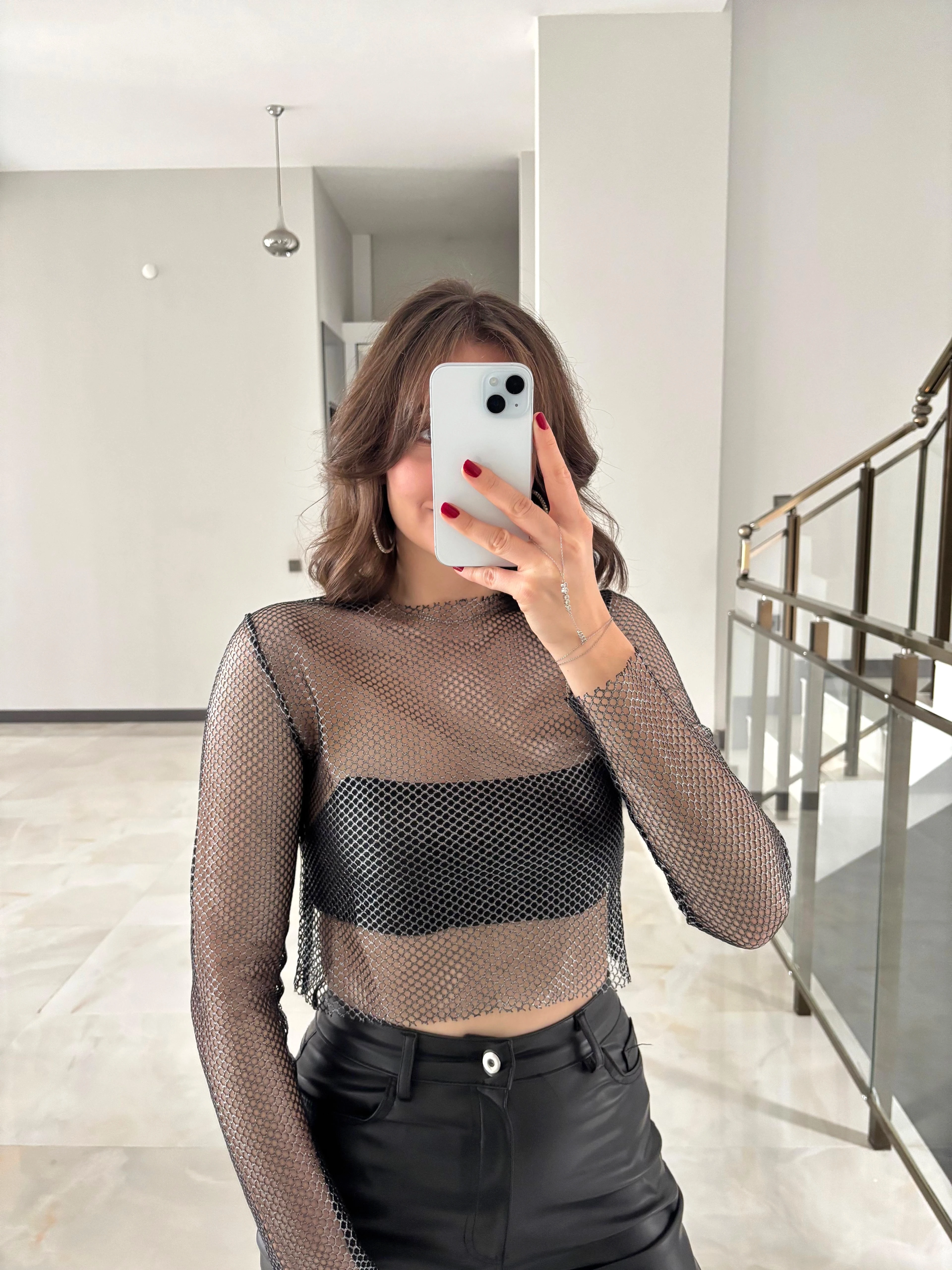 Gümüş Parıltılı File Bluz 