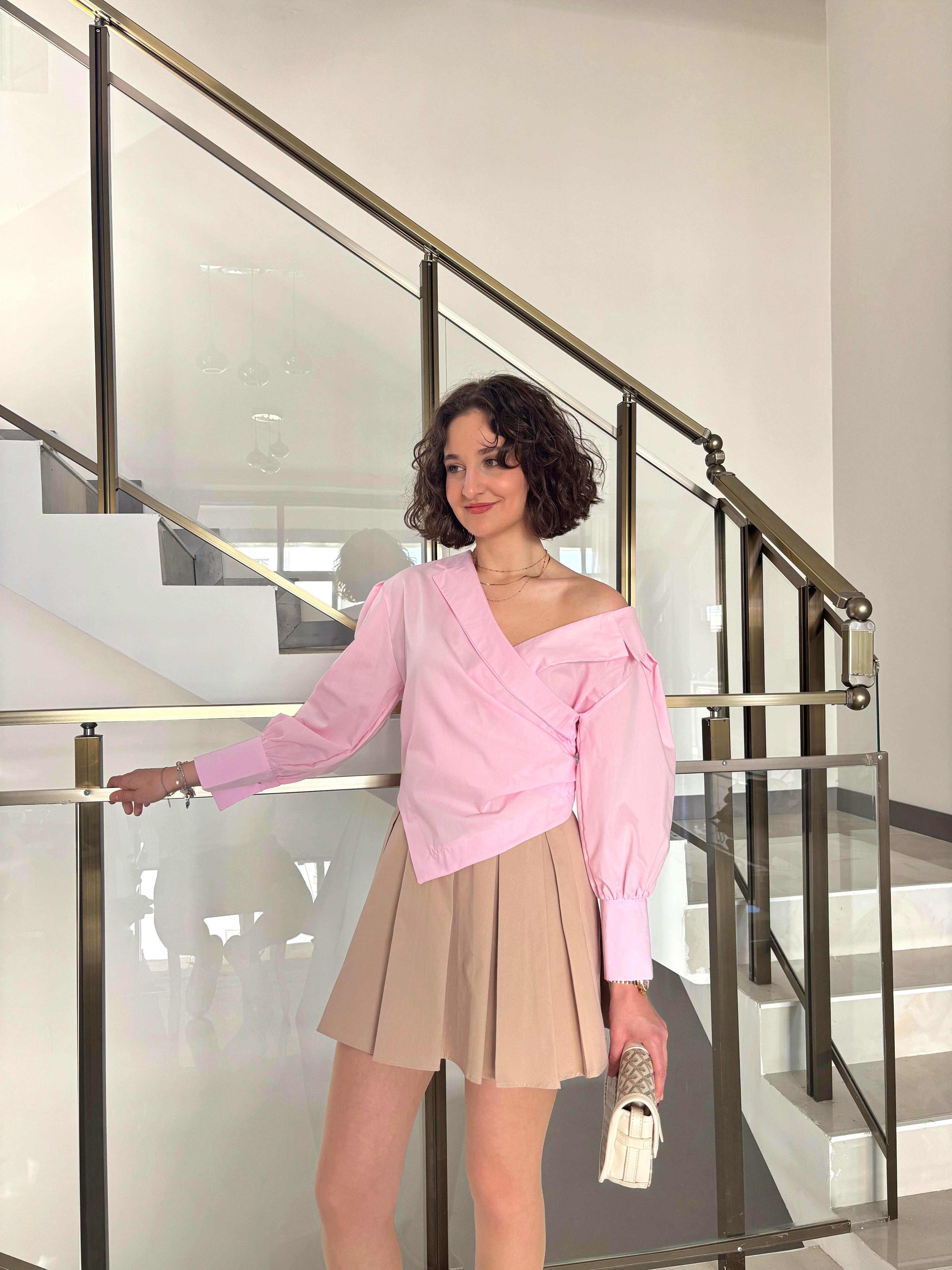 Düşük Omuz Asimetrik Gömlek - Toz Pembe