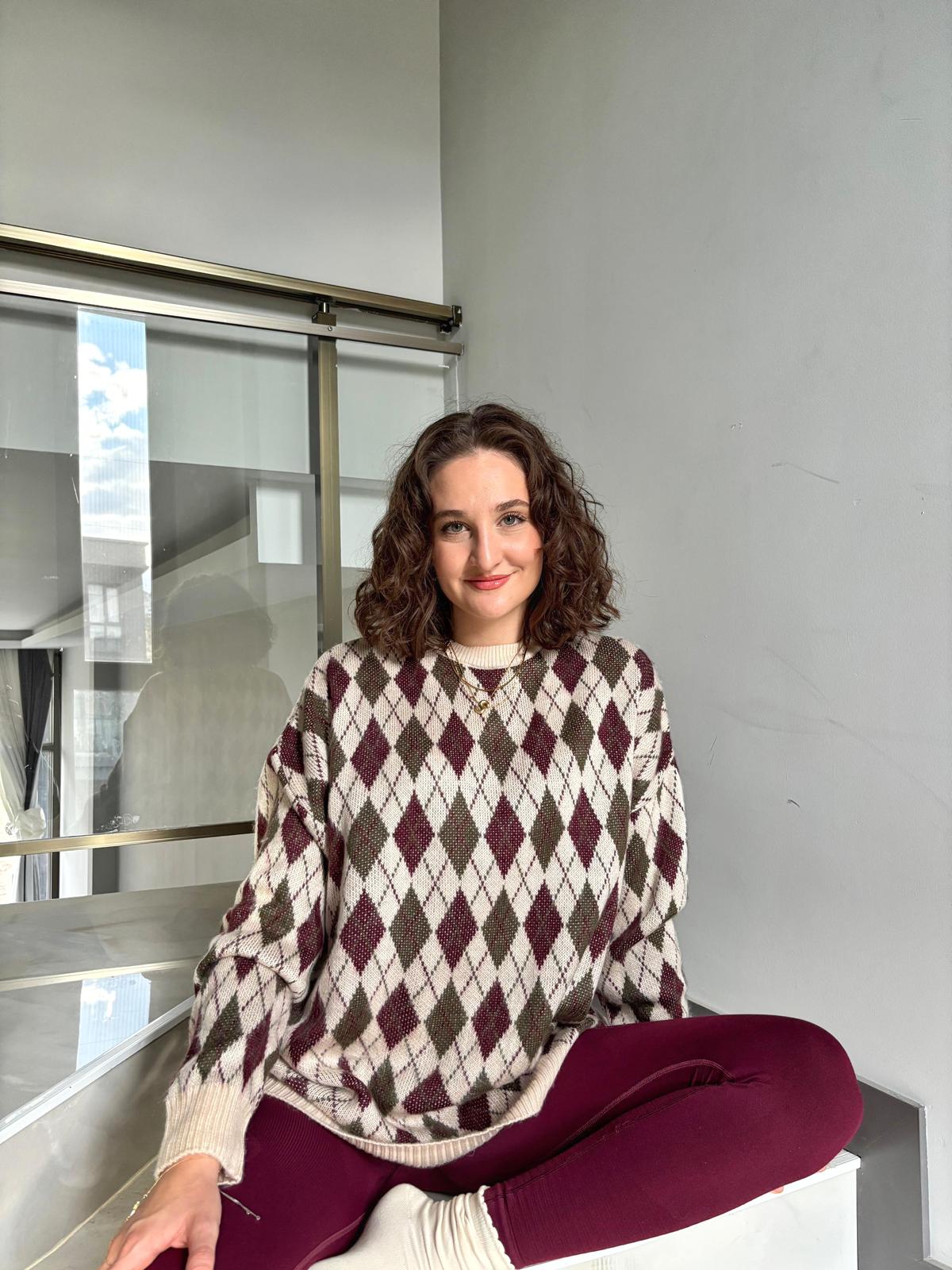 Vanilya Bordo Baklava Desen Oversize Kazak
