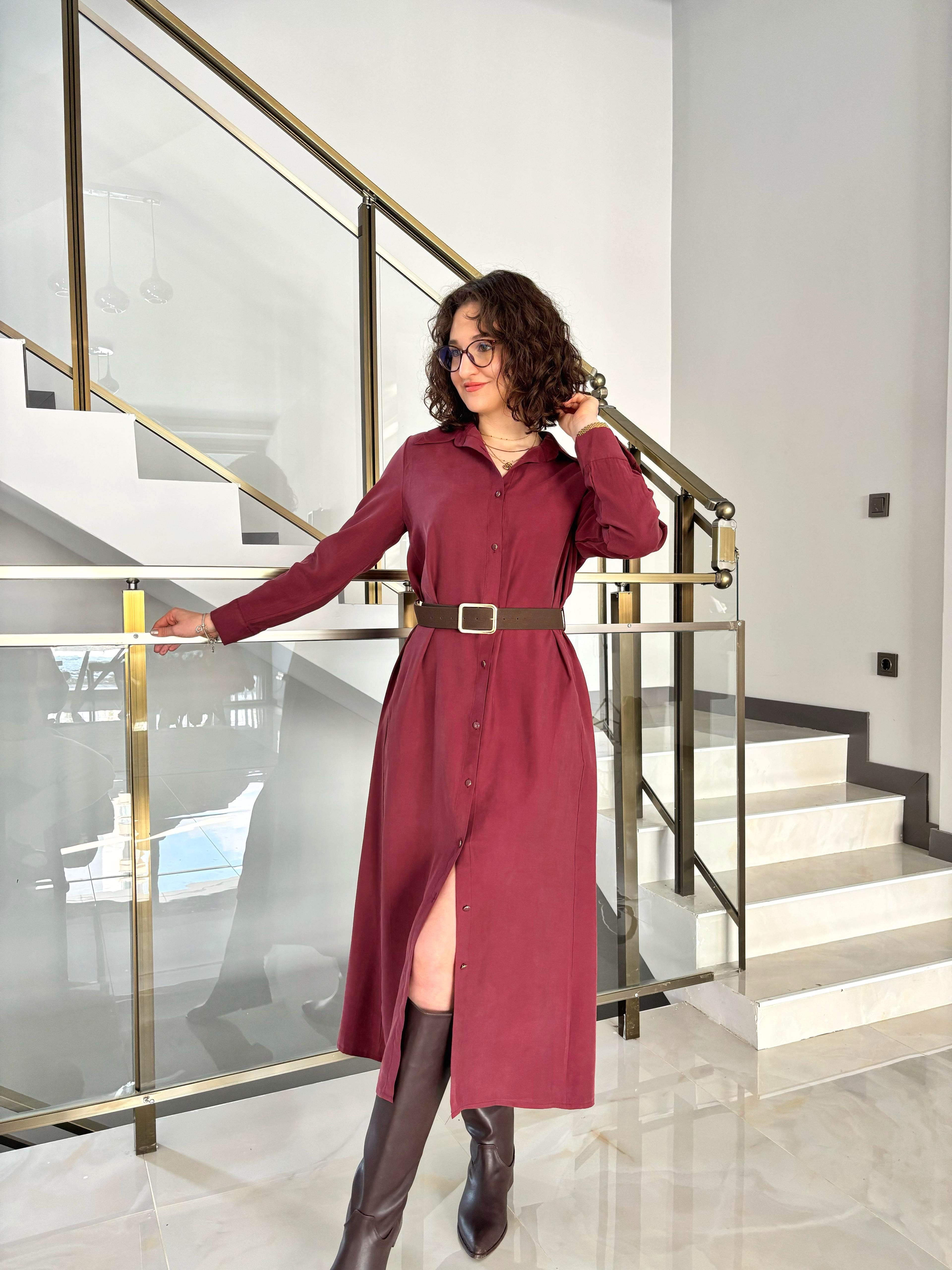 Bordo Modal Kumaş Süet Kemerli Elbise