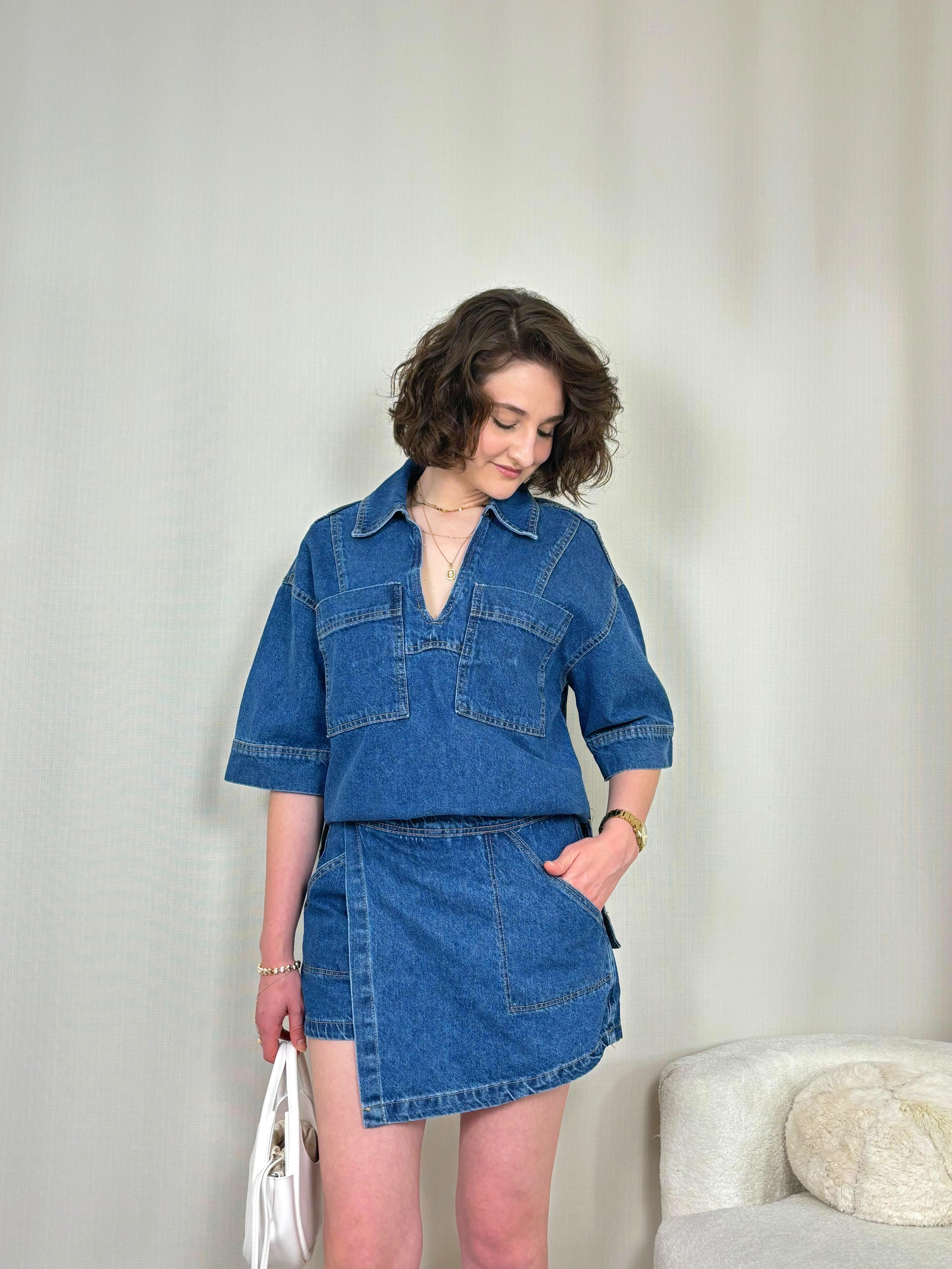 Lacivert Denim Tshirt Şort Etek Takım