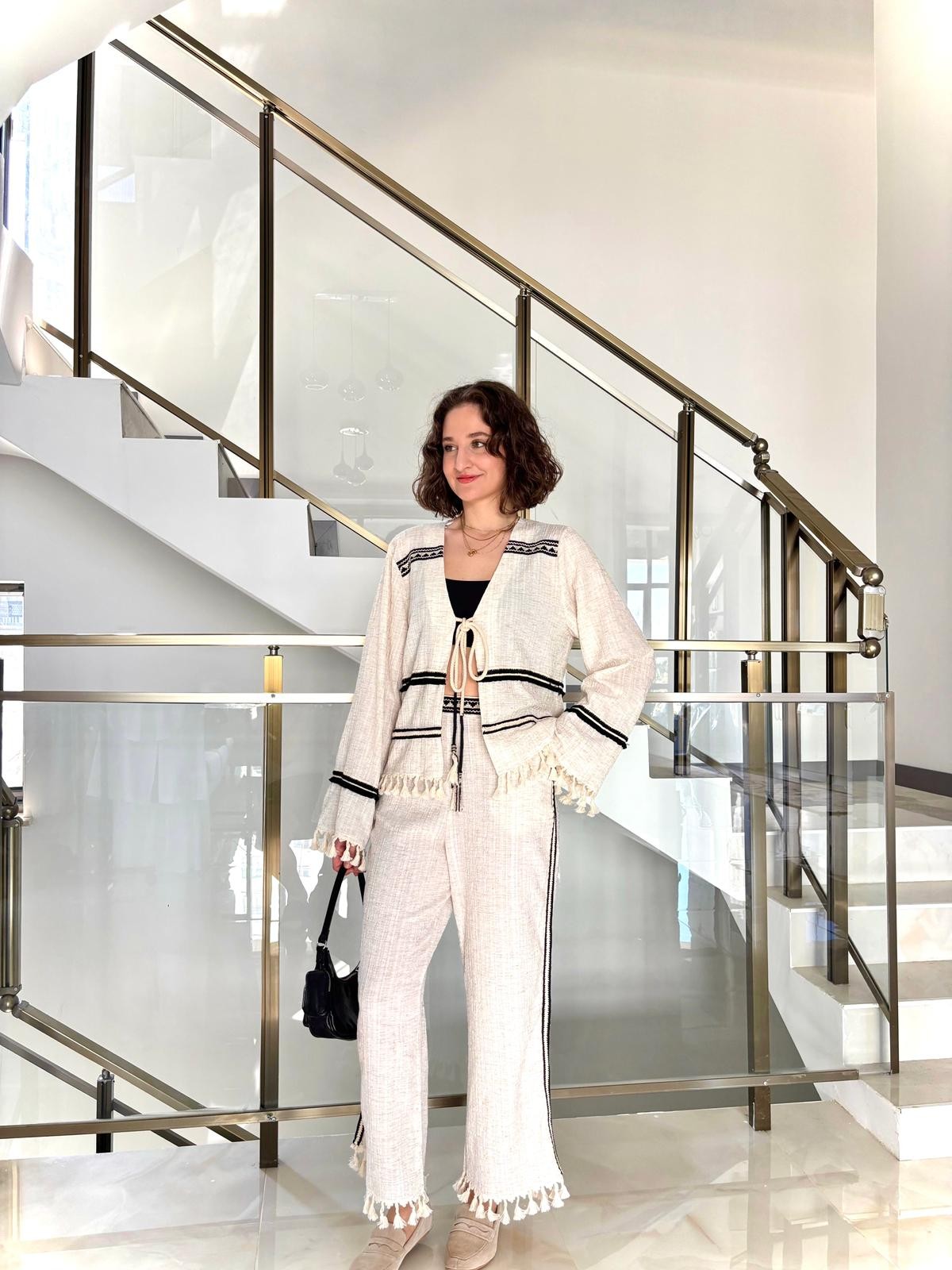 Püskül Detaylı Kimono Naturel Takım