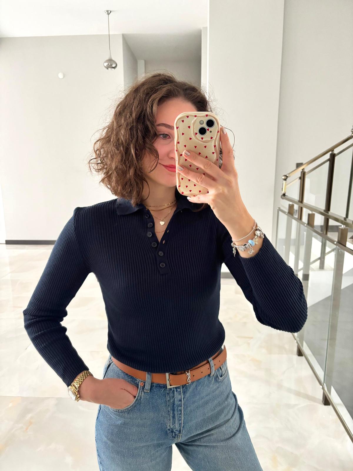 Polo Yaka Fitilli Triko Bluz - Lacivert