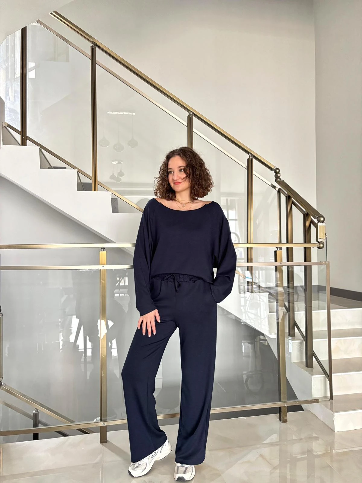 Kayık Yaka Modal Kumaş Eşofman Takımı - Lacivert