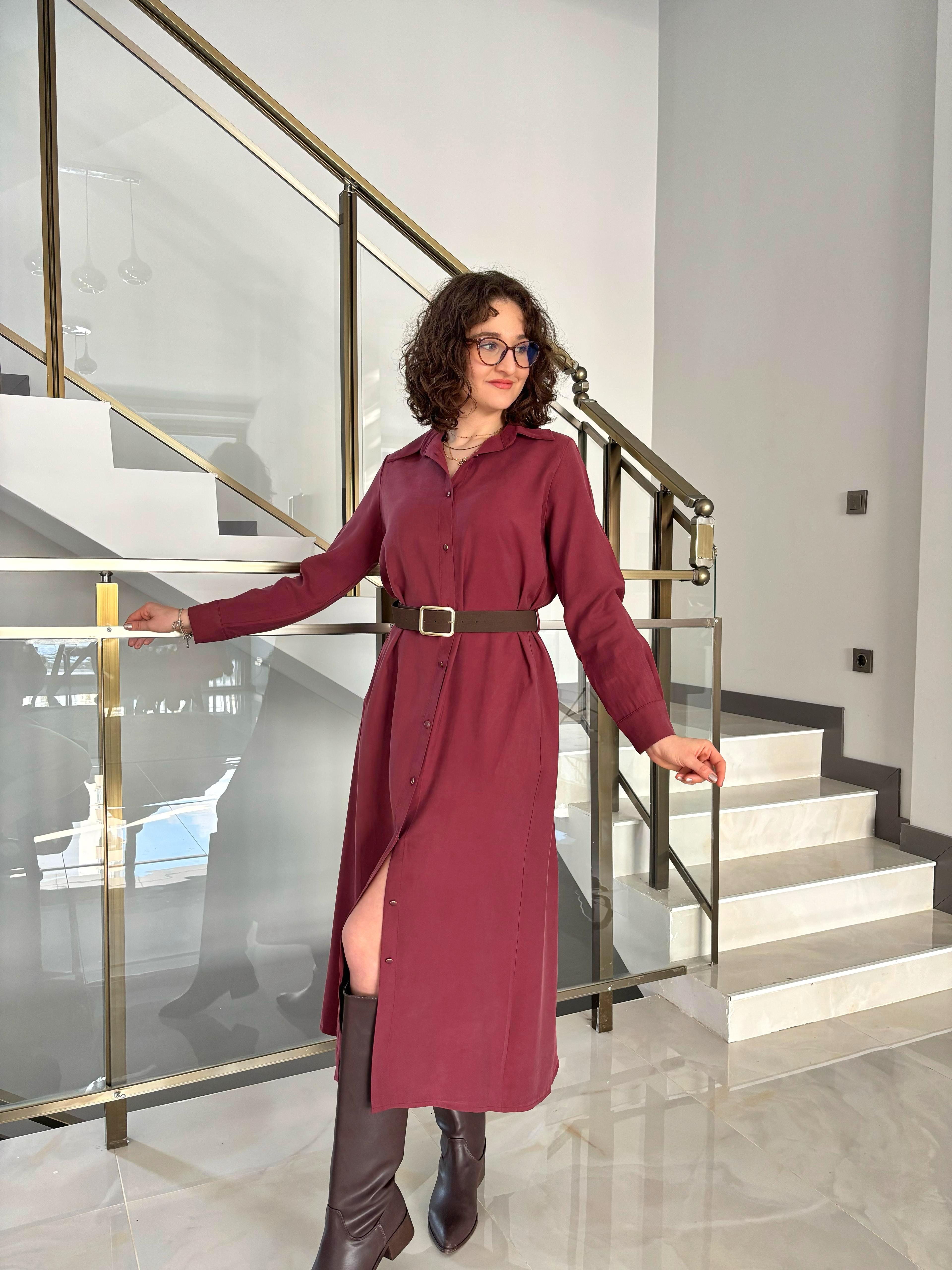 Bordo Modal Kumaş Süet Kemerli Elbise
