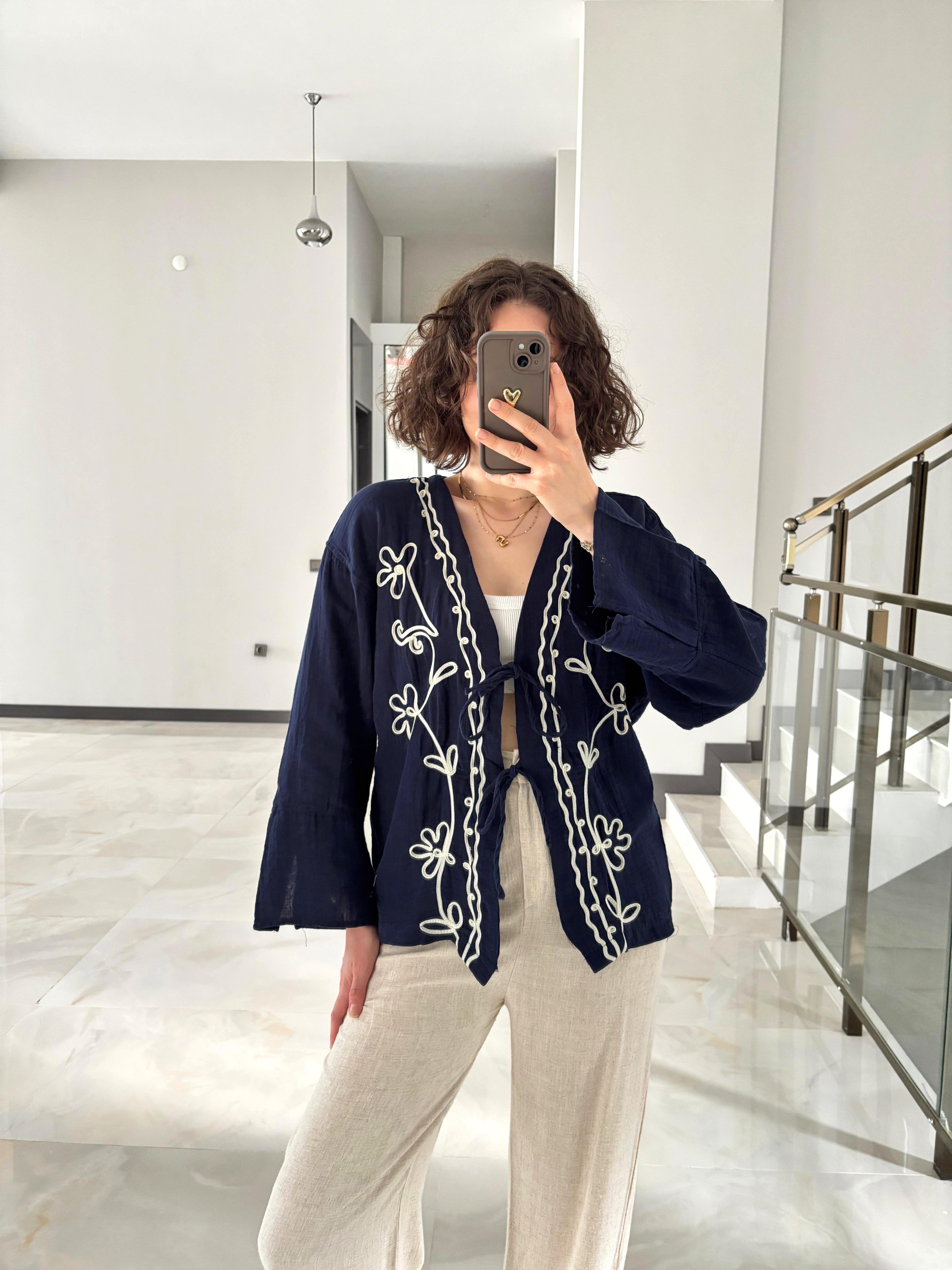 İşleme Detaylı Müslin Kimono