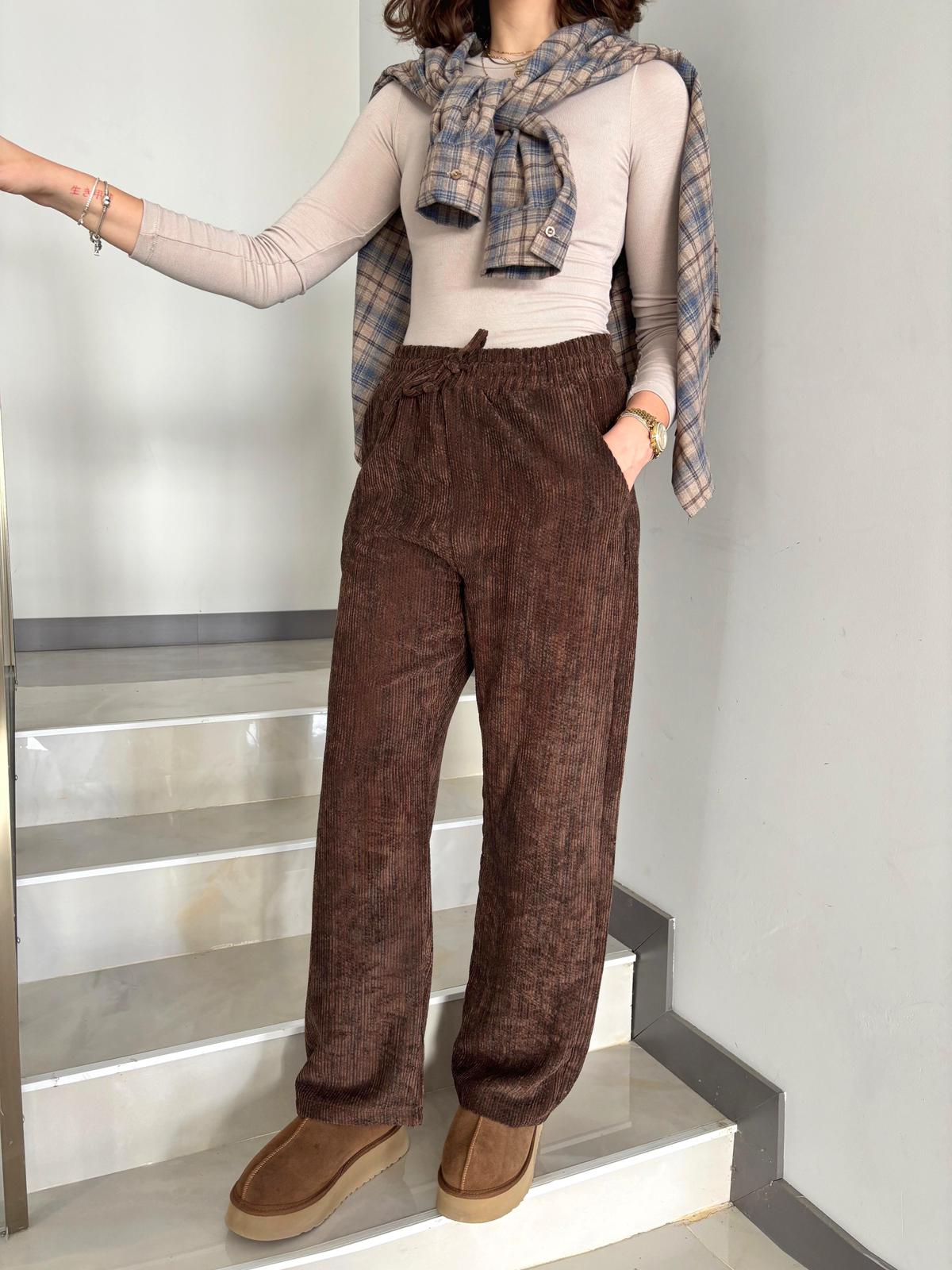 Beli Lastikli Fitilli Kadife Pantolon - Acı Kahve