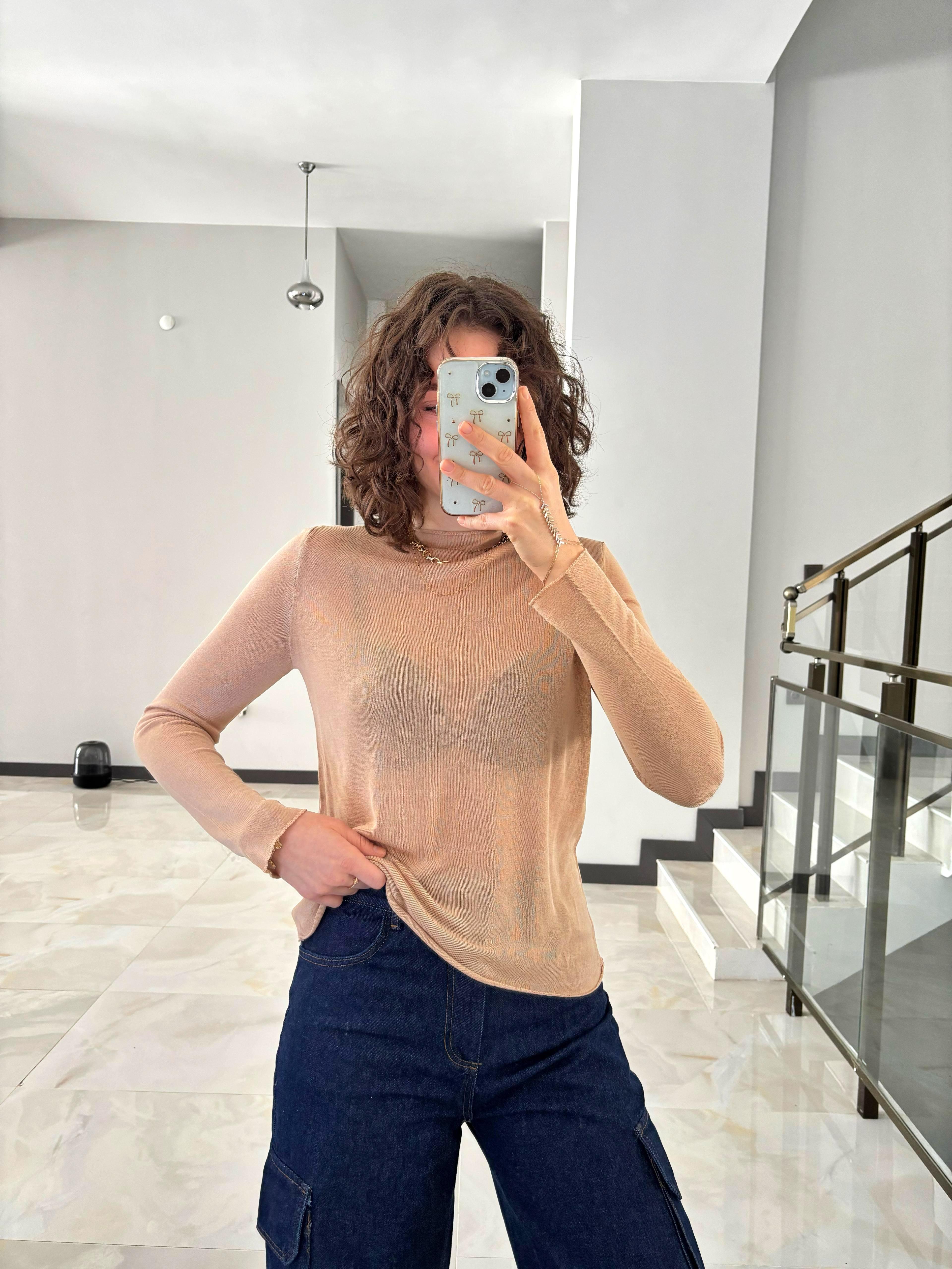 Yarım Dik Yaka Pamuklu Transparan Bluz