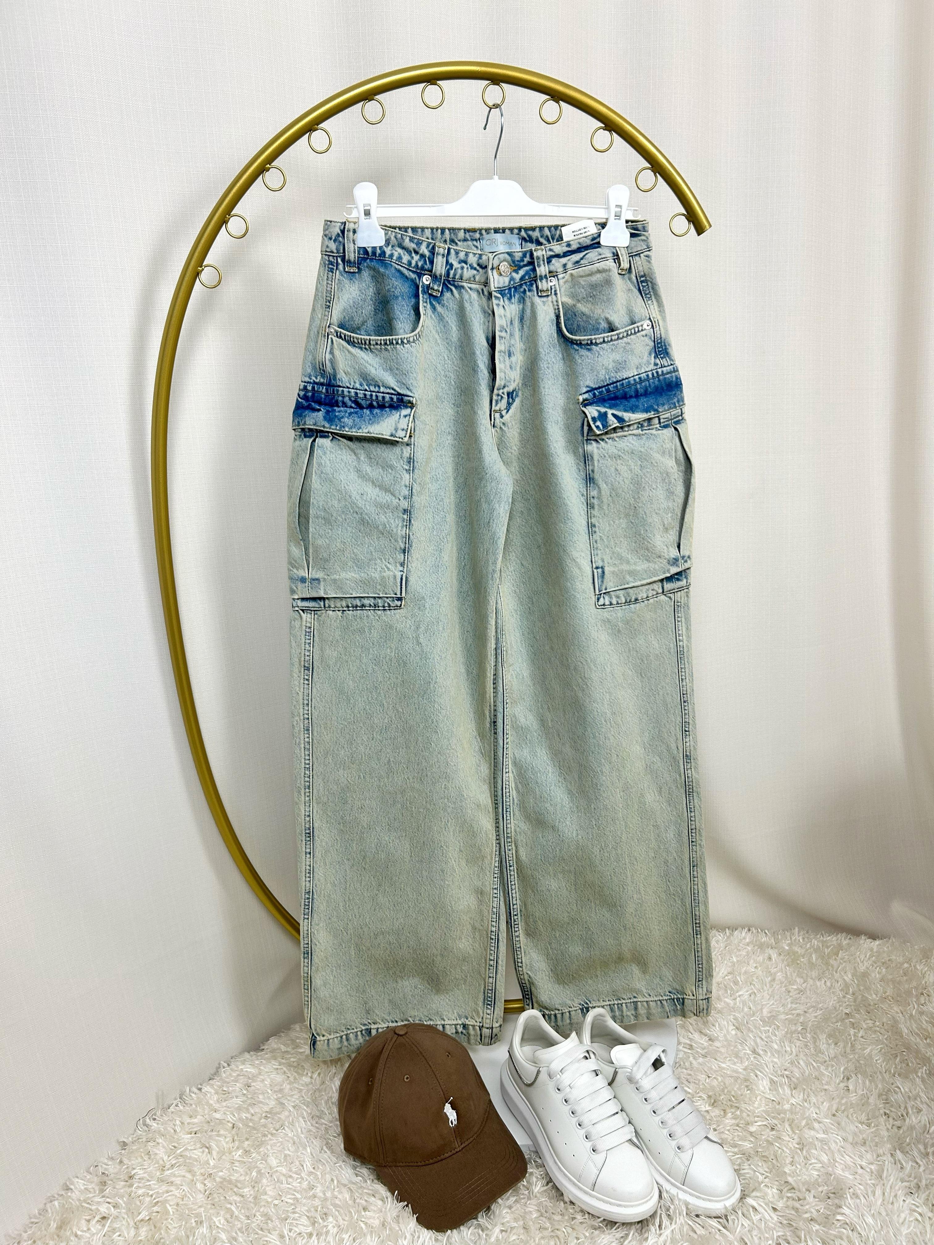 Eskitme Kargo Cepli Wide Leg Jean
