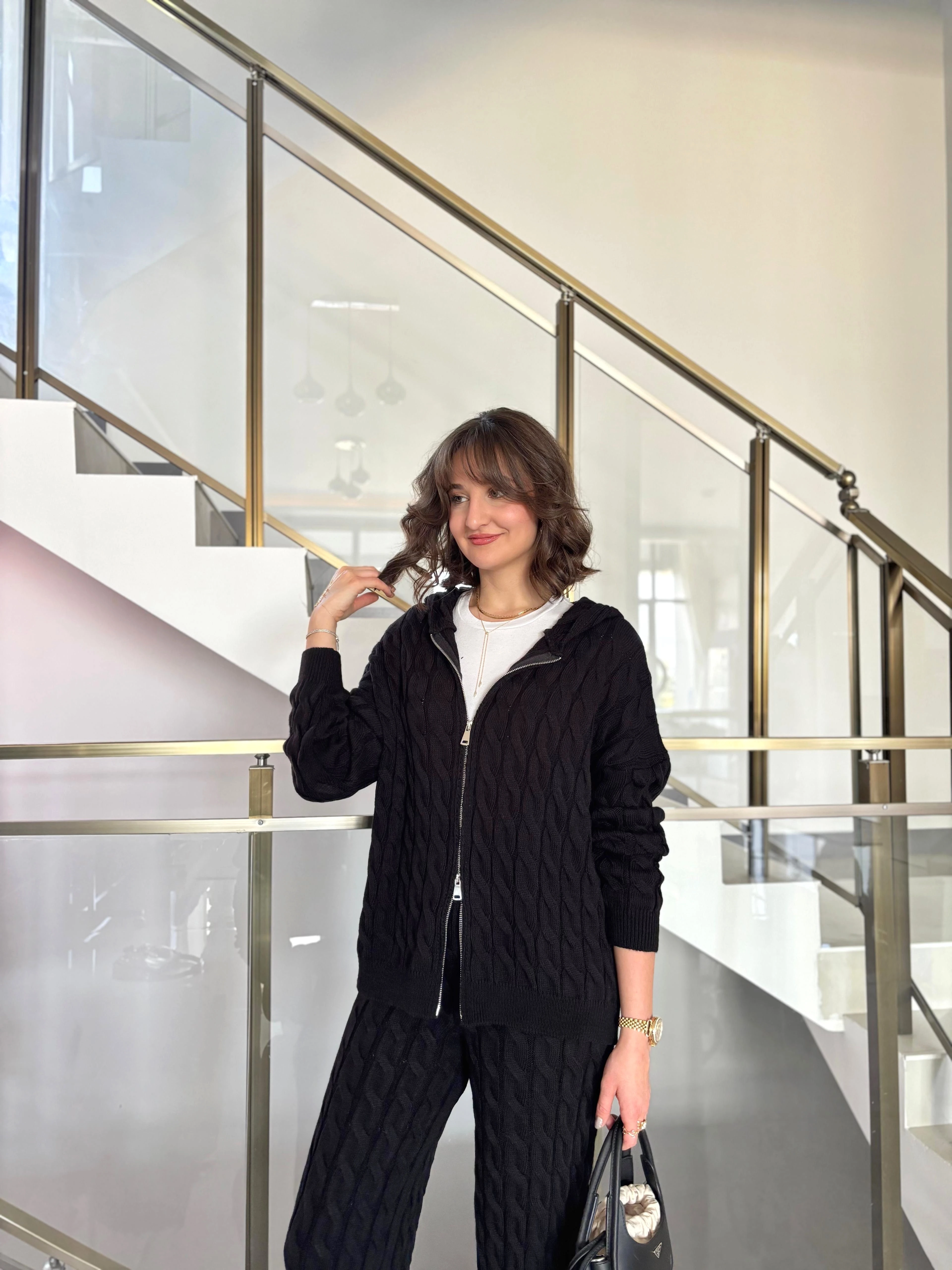 Çift Fermuarlı Saç Örgü Triko Takım