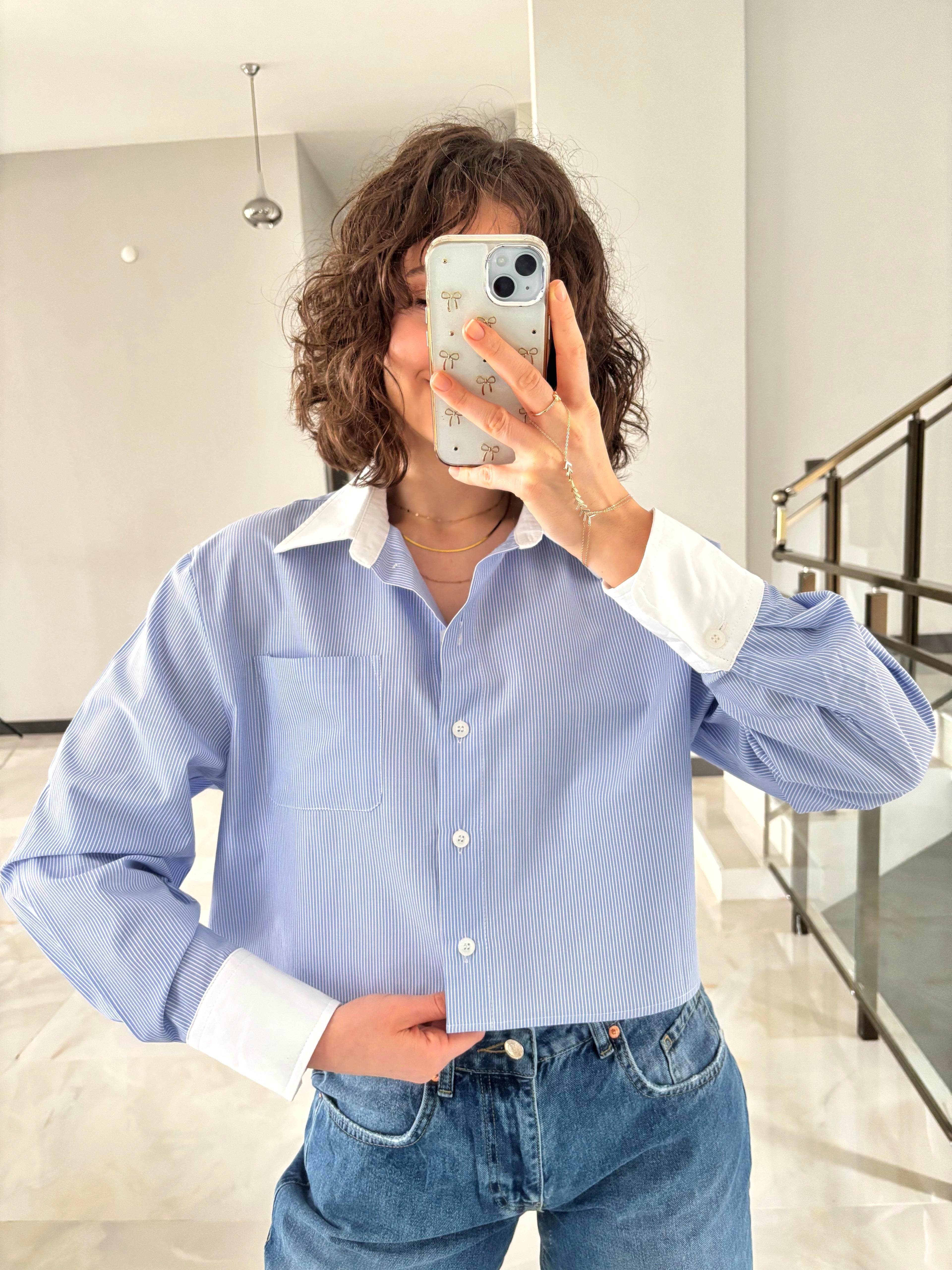 Yaka Kol Manşet Detaylı Çizgili Crop Gömlek