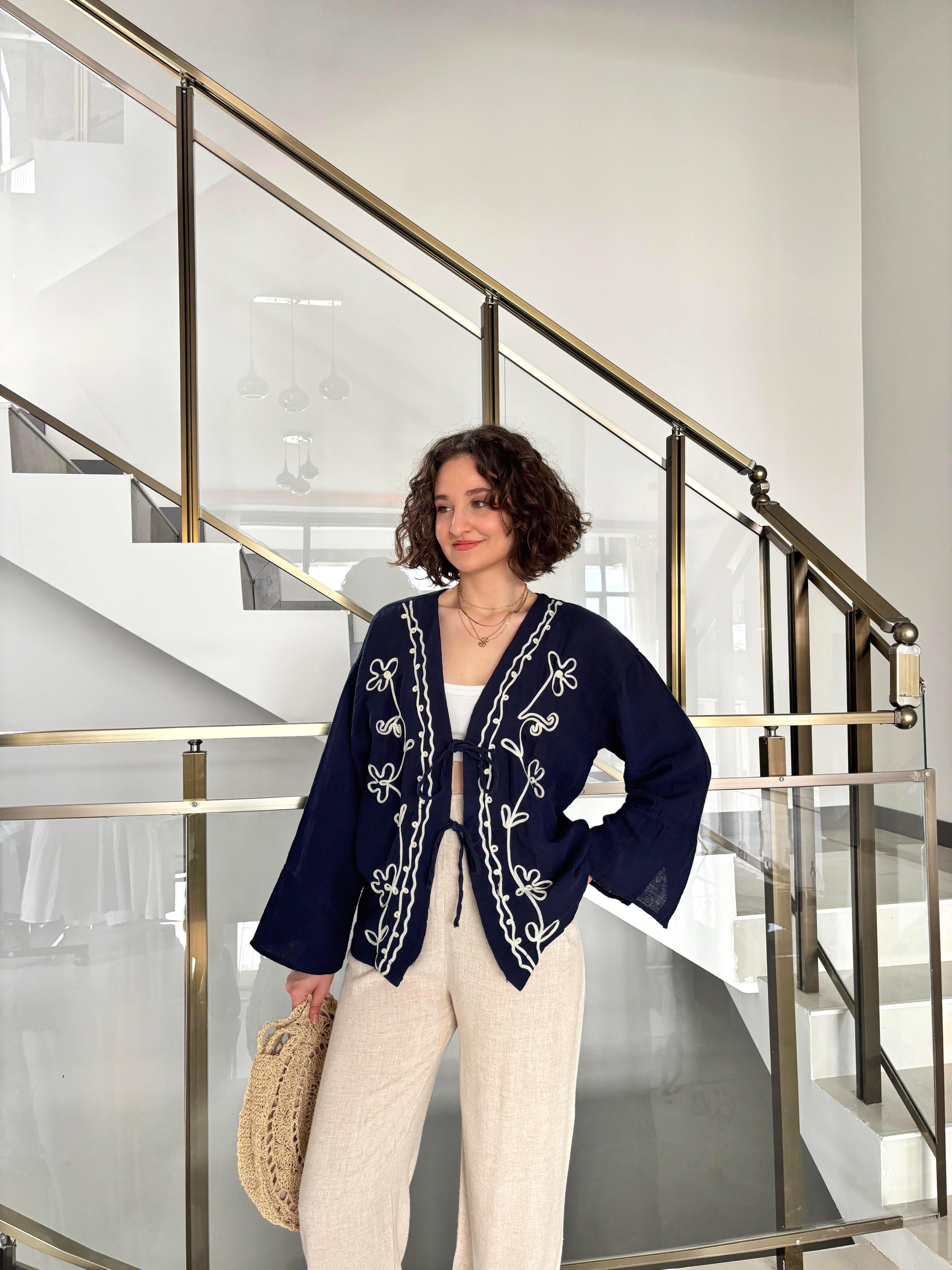 İşleme Detaylı Müslin Kimono - Lacivert