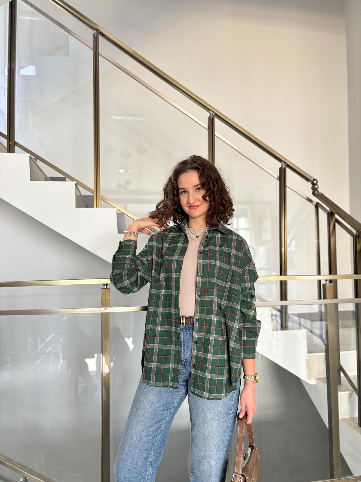 %100 Pamuk Ekose Desen Oduncu Gömleği - Yeşil