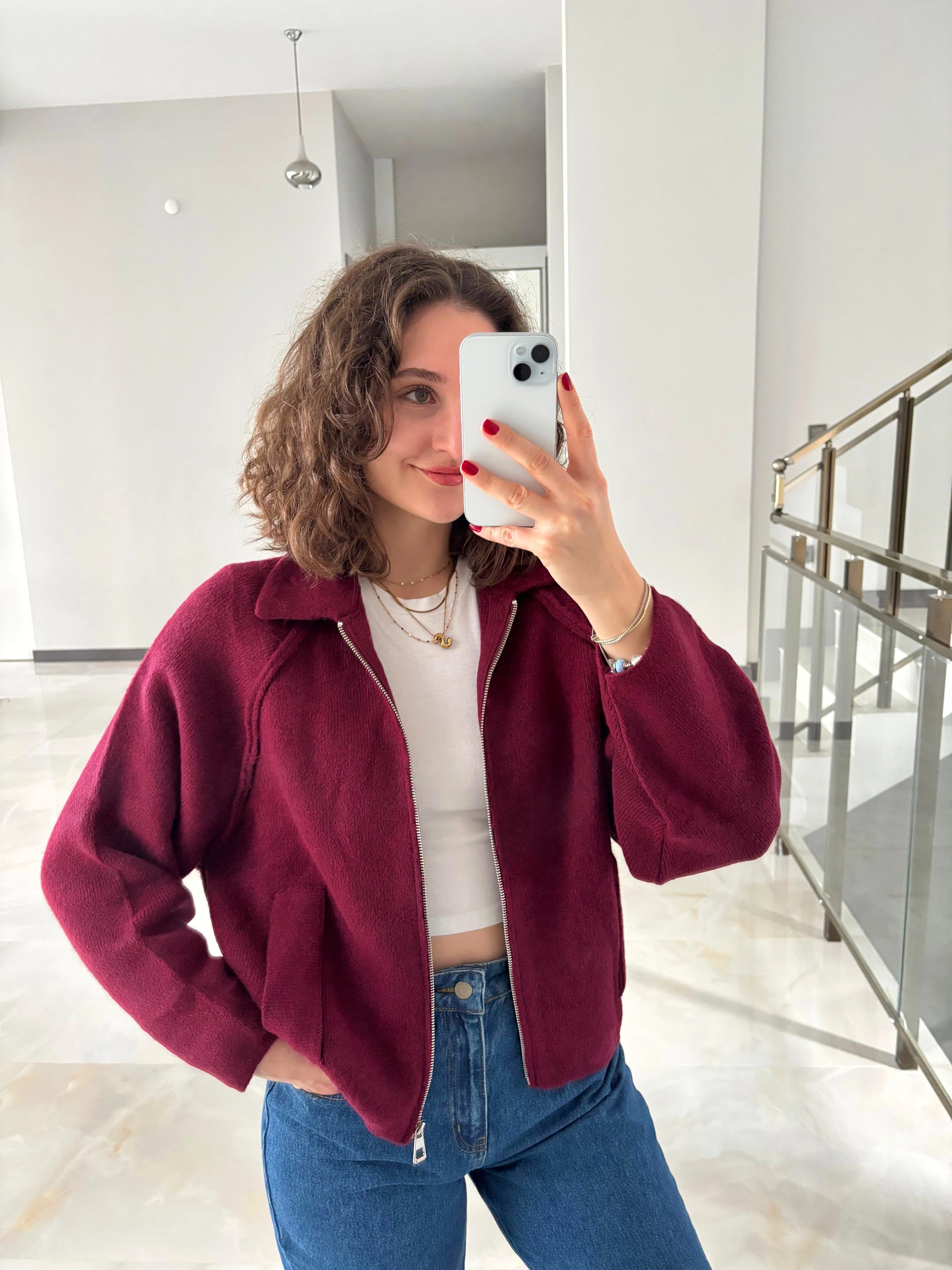 Yakalı Fermuarlı Triko Hırka - Bordo