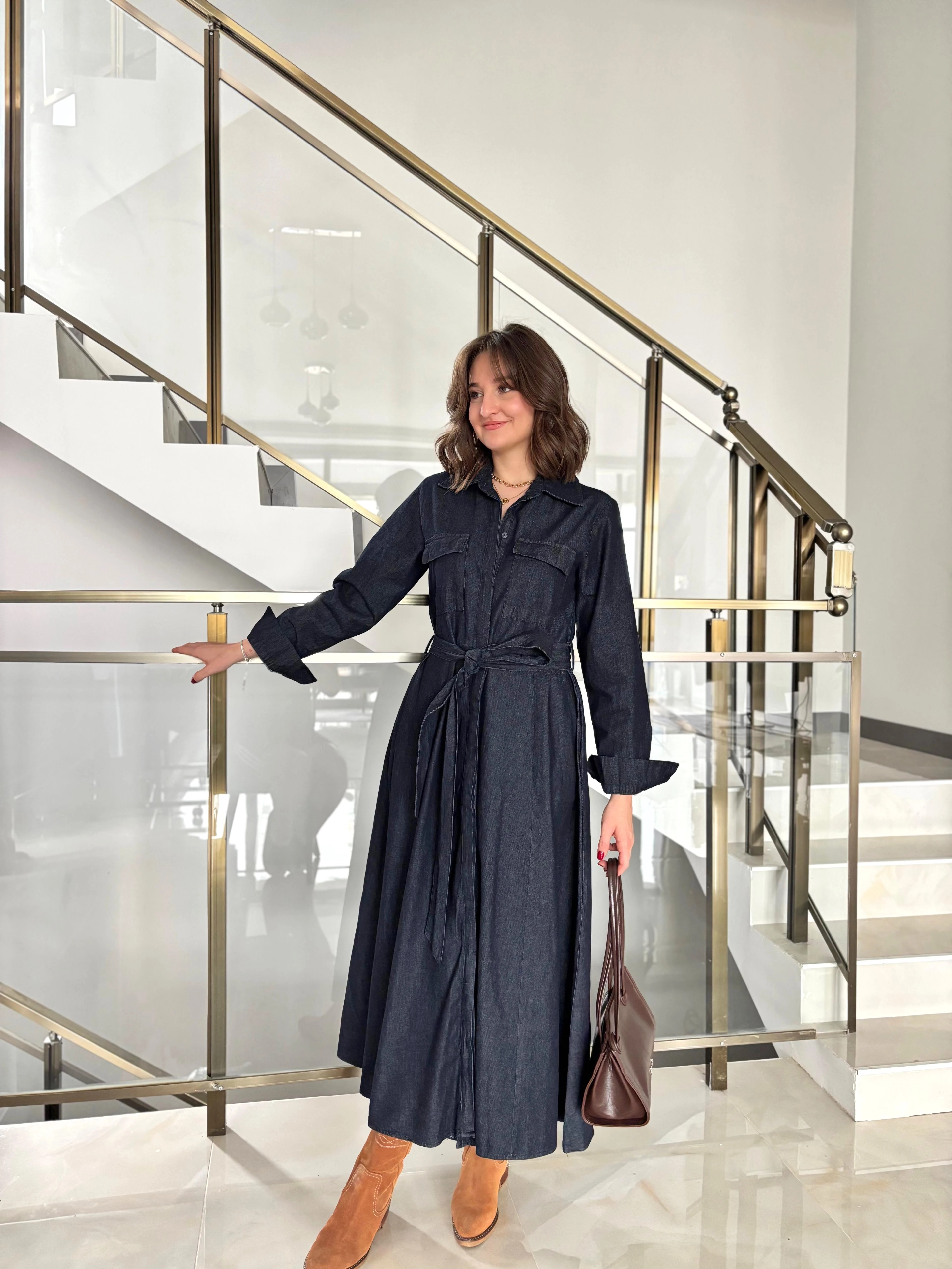 Kuşakli Midi Boy Denim Gömlek Elbise 