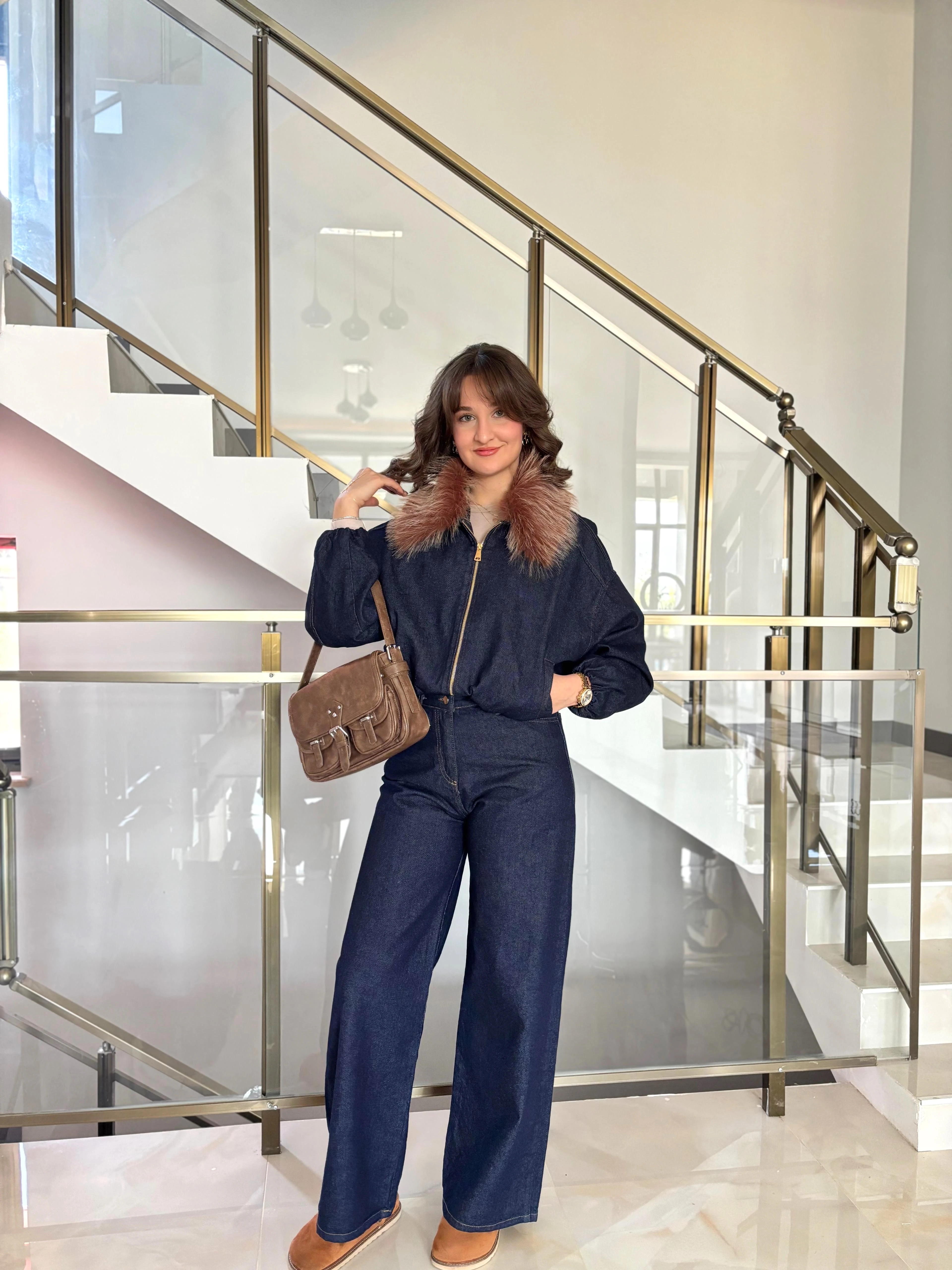 Yakası Kürklü Denim Ceket Pantolon Takım