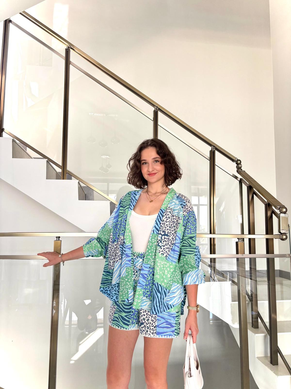 Renkli Desenli Kimono Şort Takım