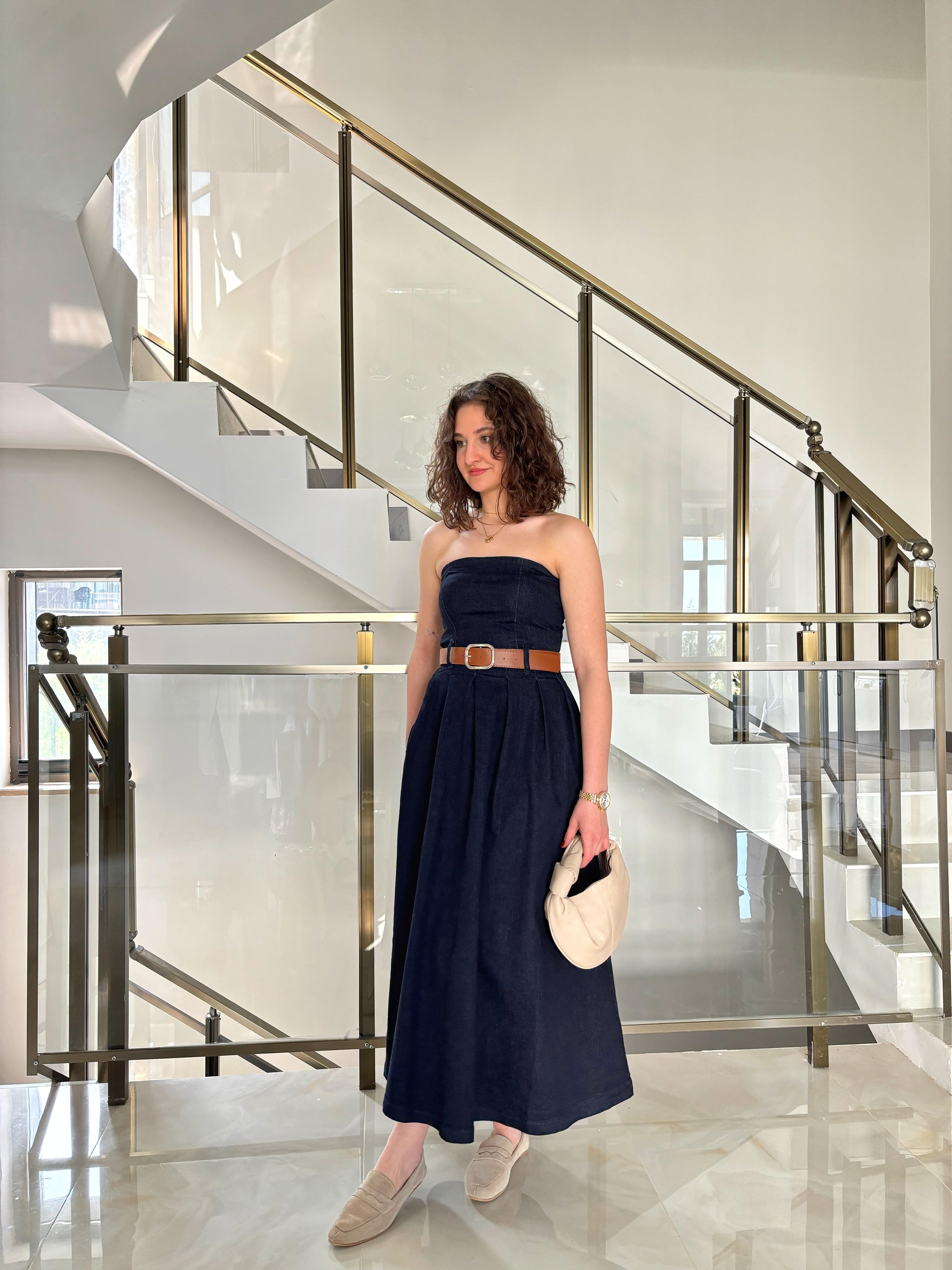 Straplez Kemerli Denim Elbise