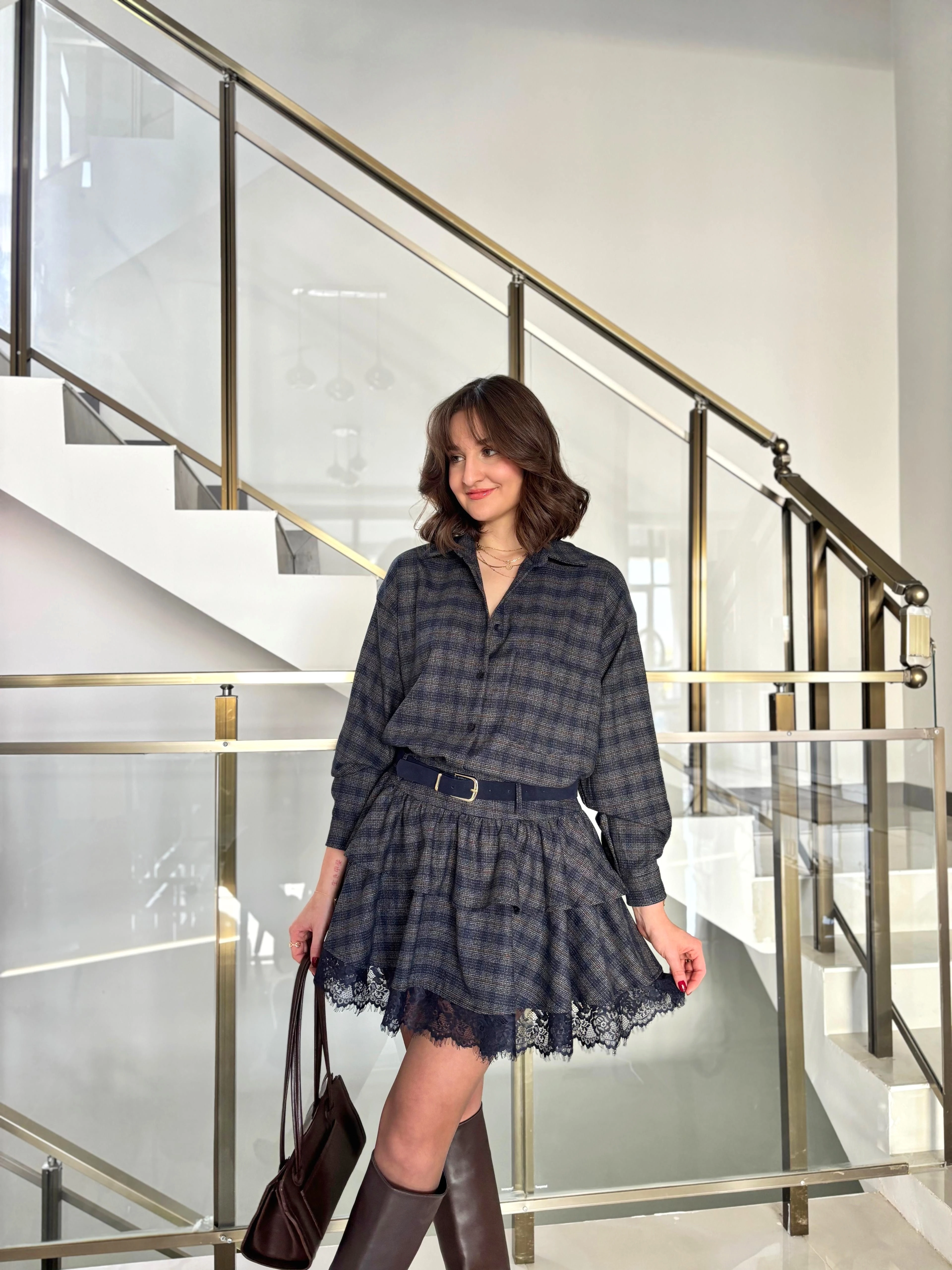 Dantel Detaylı Ekose Desen Etek Gömlek Takım