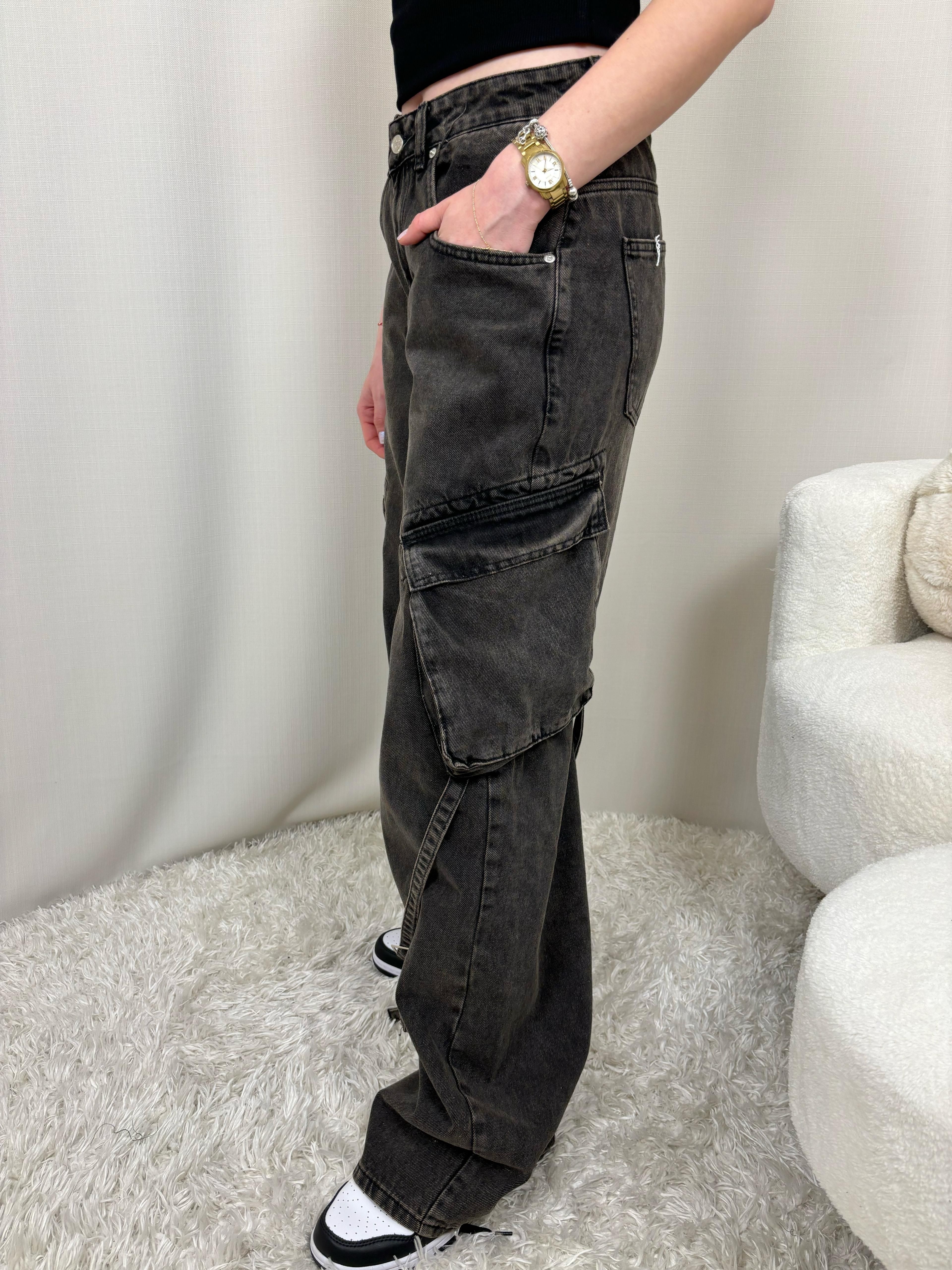 Oversize Cepli Kahve Eskitme Süper Wide Leg Jean