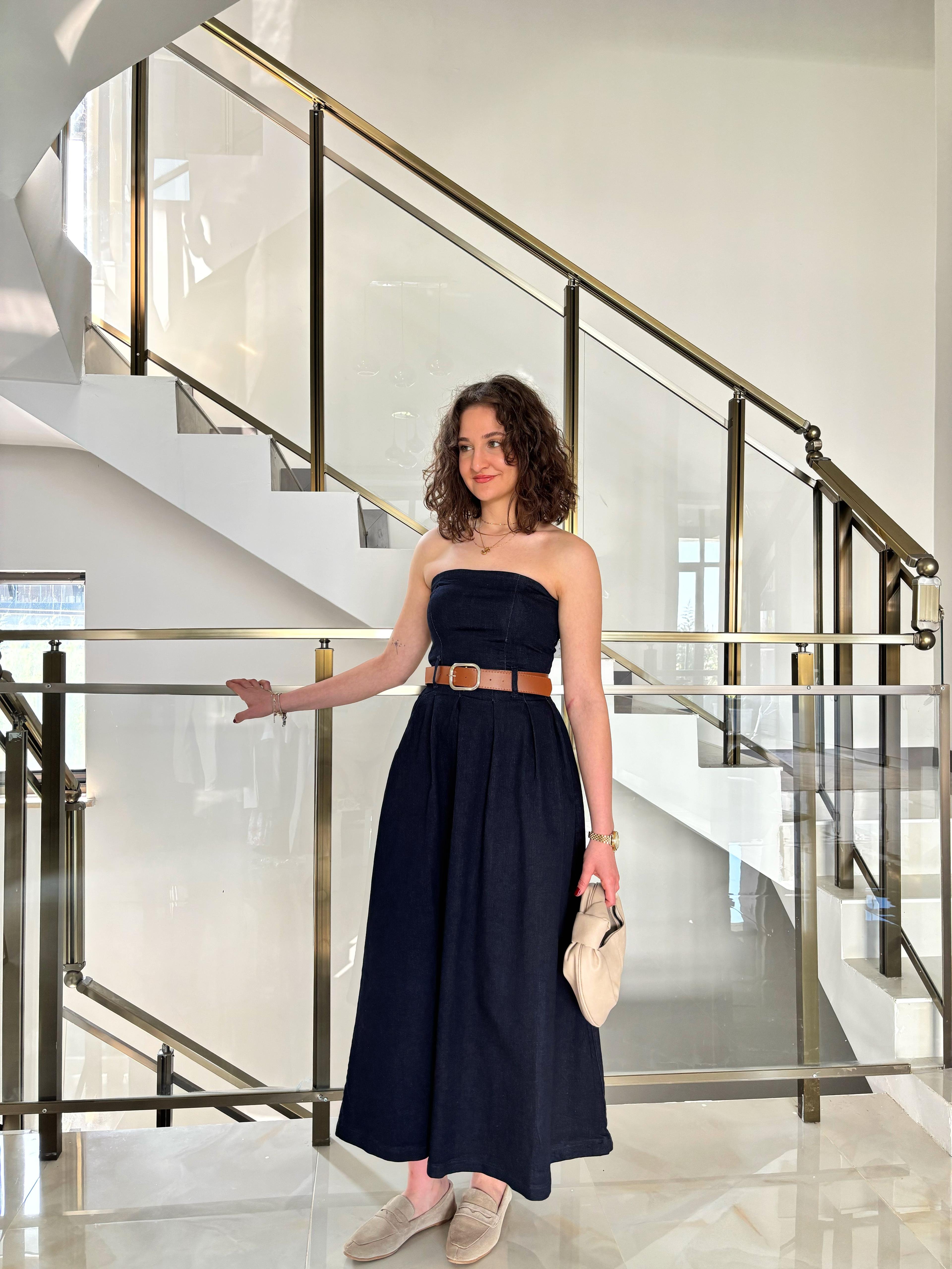 Straplez Kemerli Denim Elbise