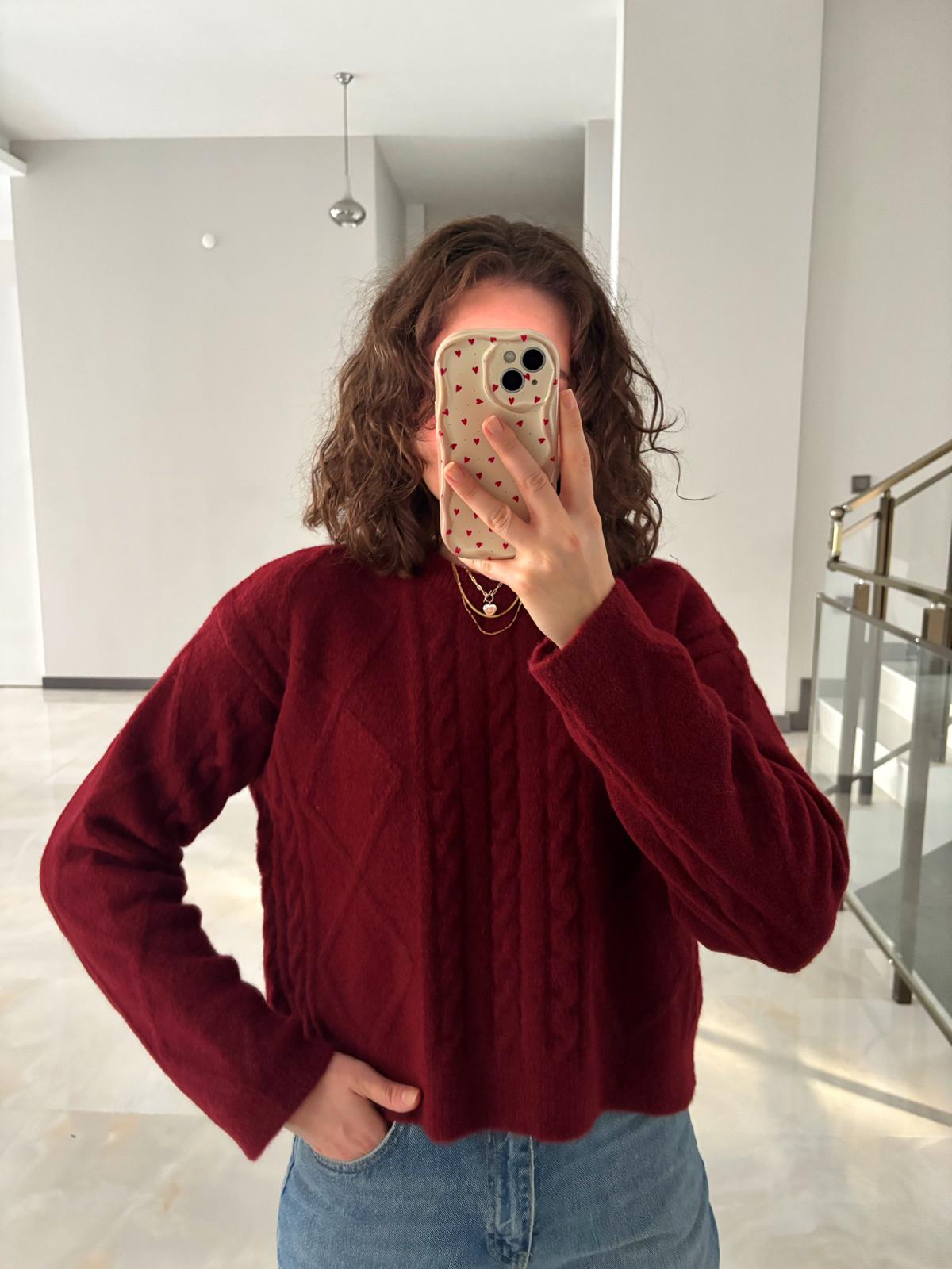 Kendinden Dokulu Triko Kazak - Bordo