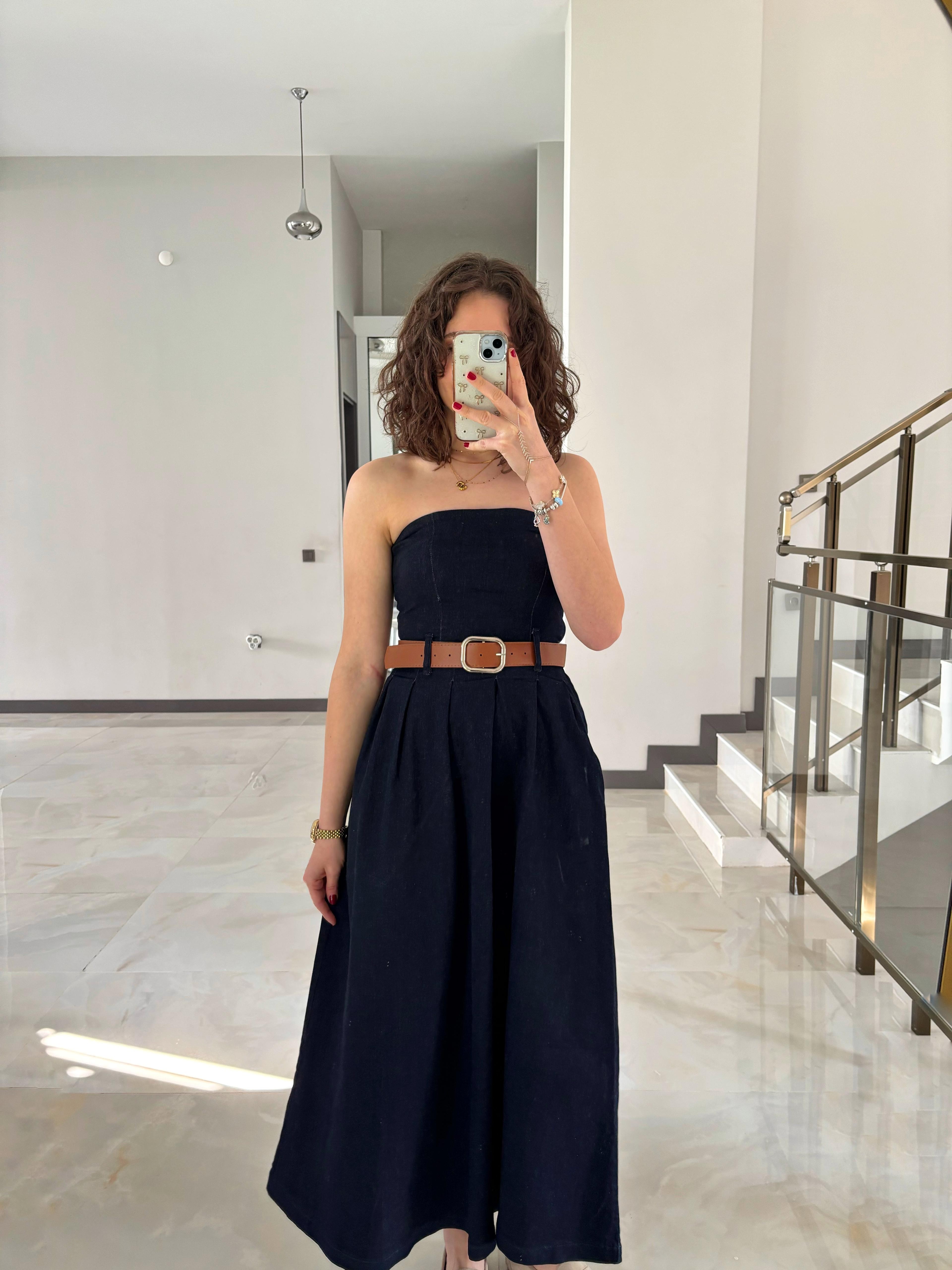 Straplez Kemerli Denim Elbise