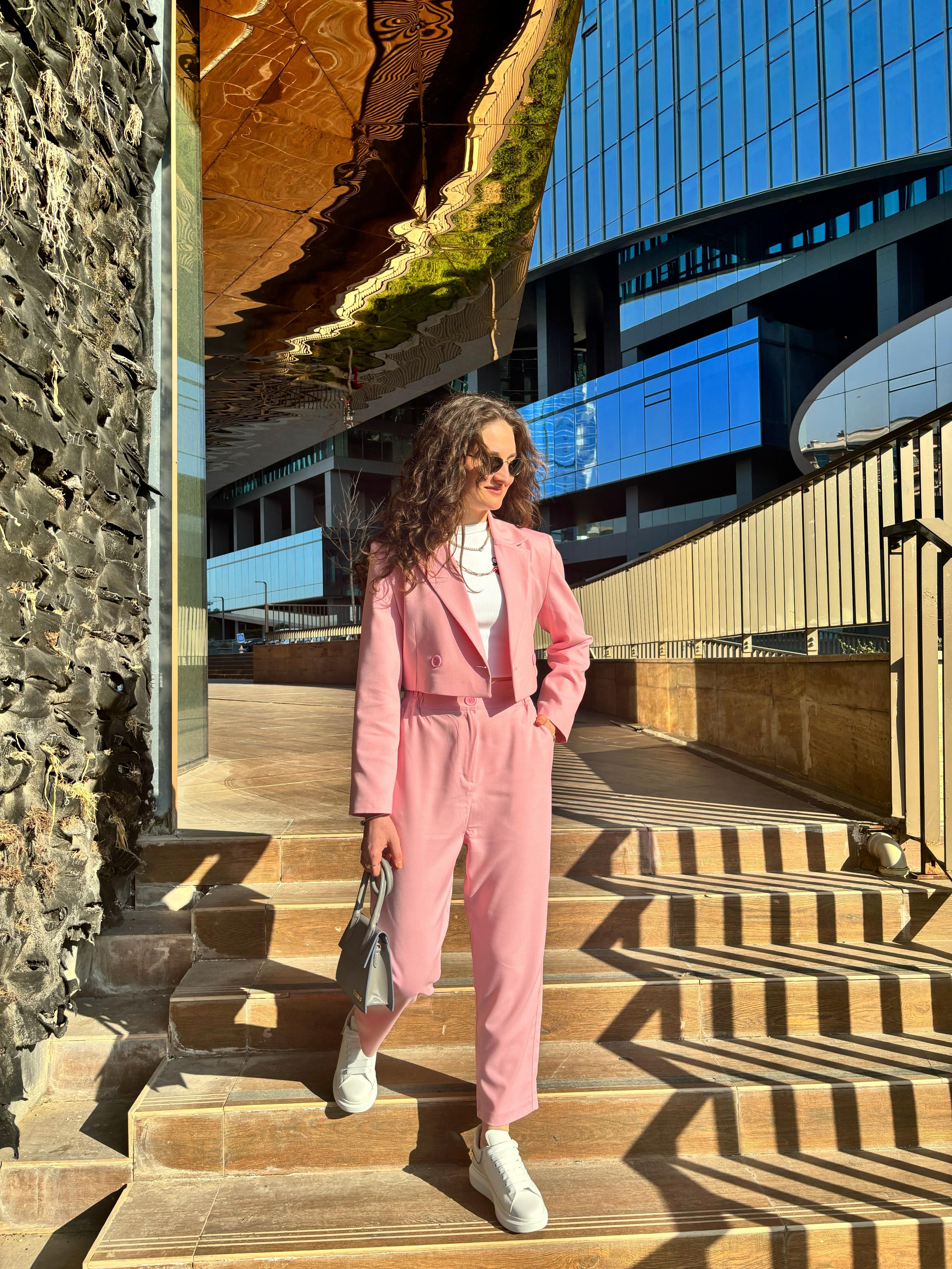 Kruvaze Crop Blazer Ceket Ve Pantolon Takım