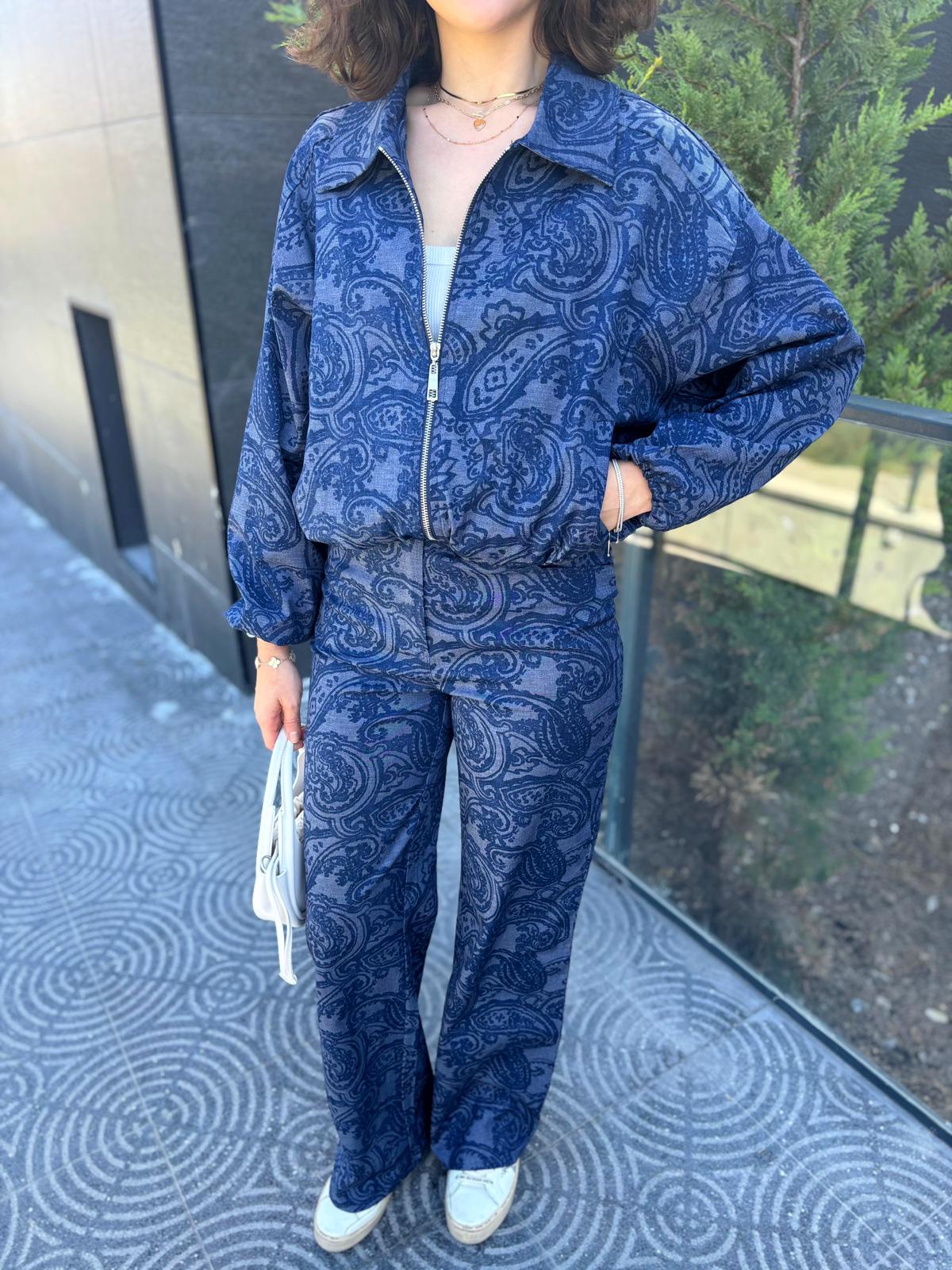 Bomber Ceketli Desenli Denim Takım