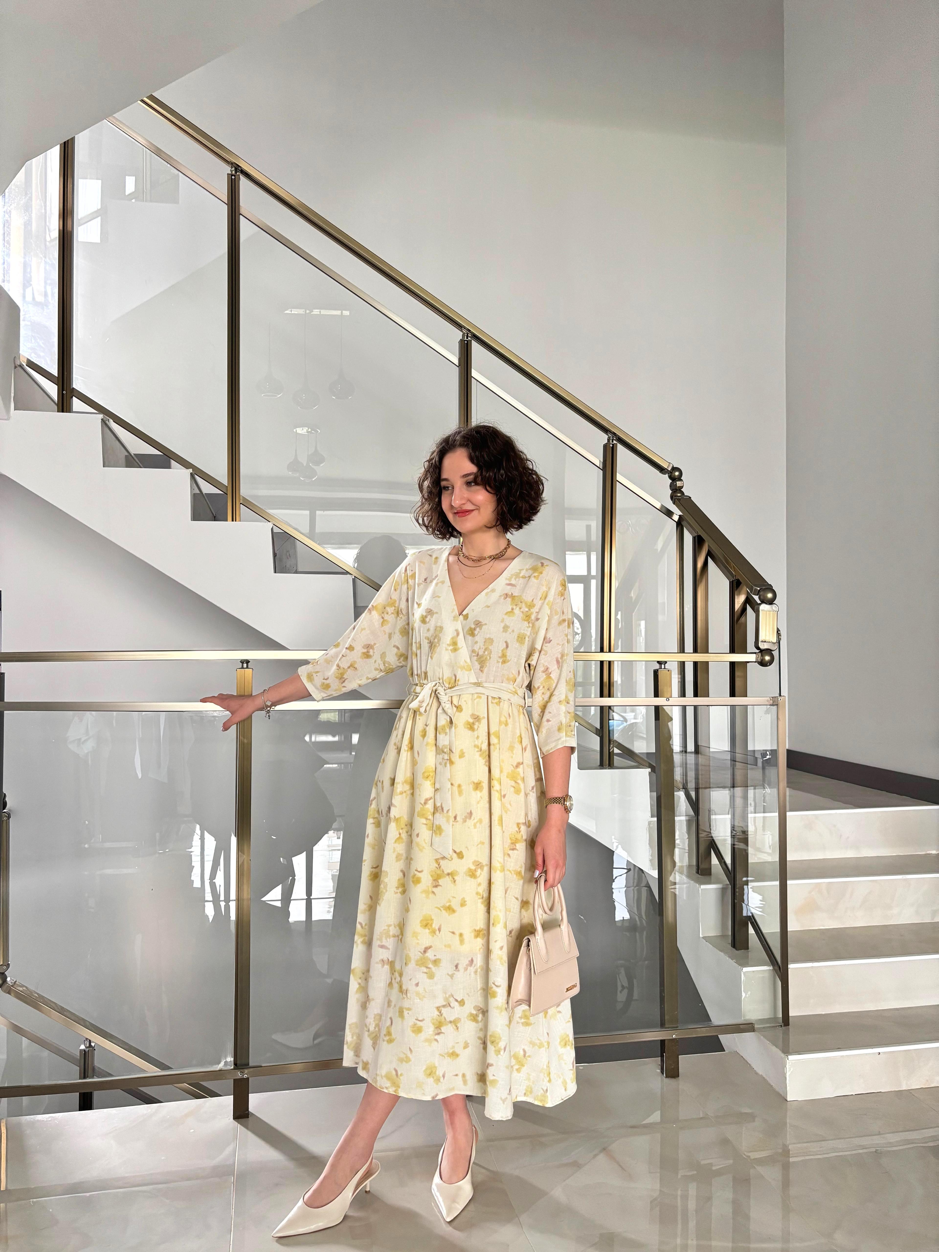 Desenli Kruvaze Astarlı Elbise (Mutlaka bir beden küçük tercih ediniz)