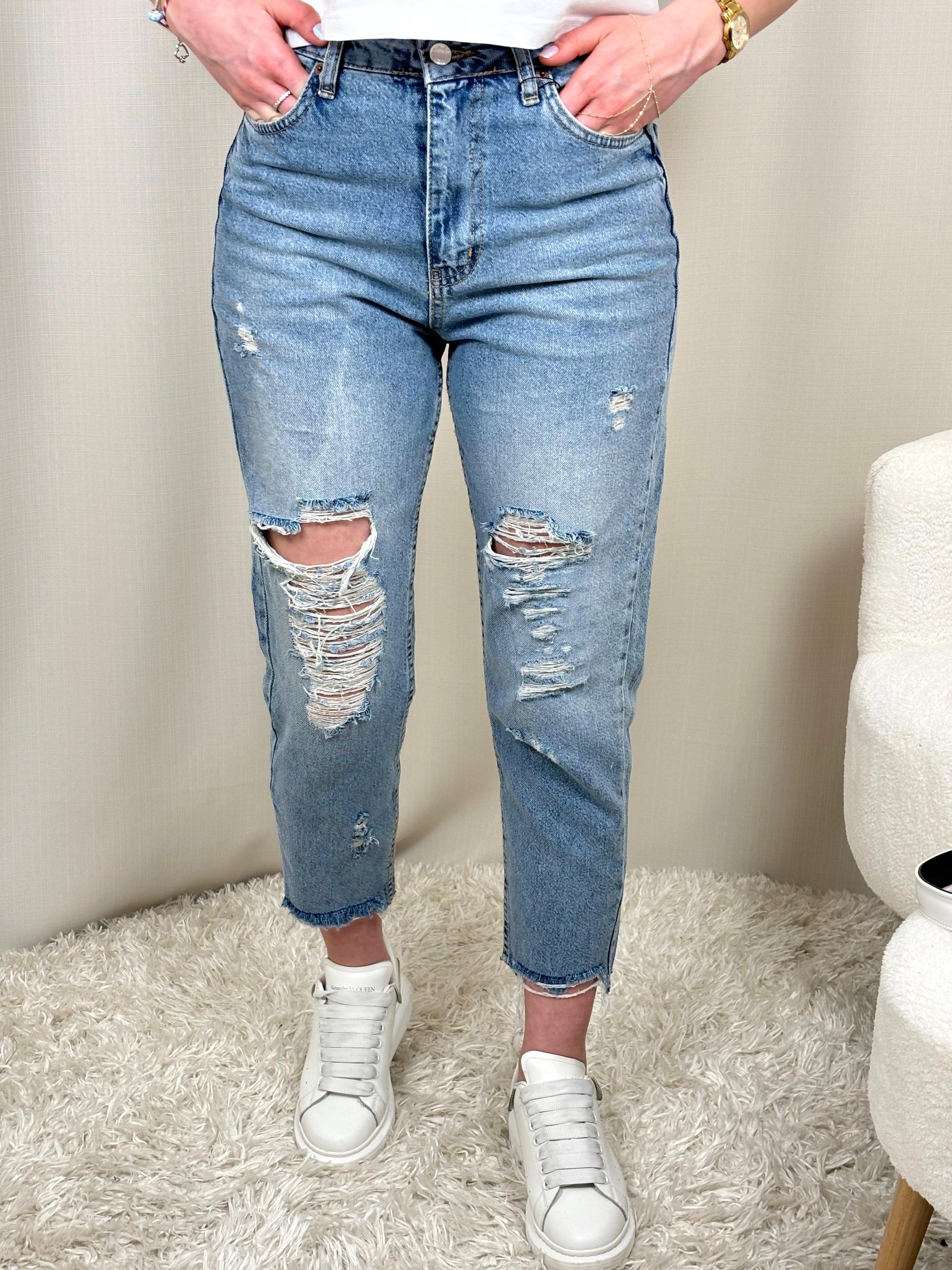 Mavi Yırtıklı Mom Jean