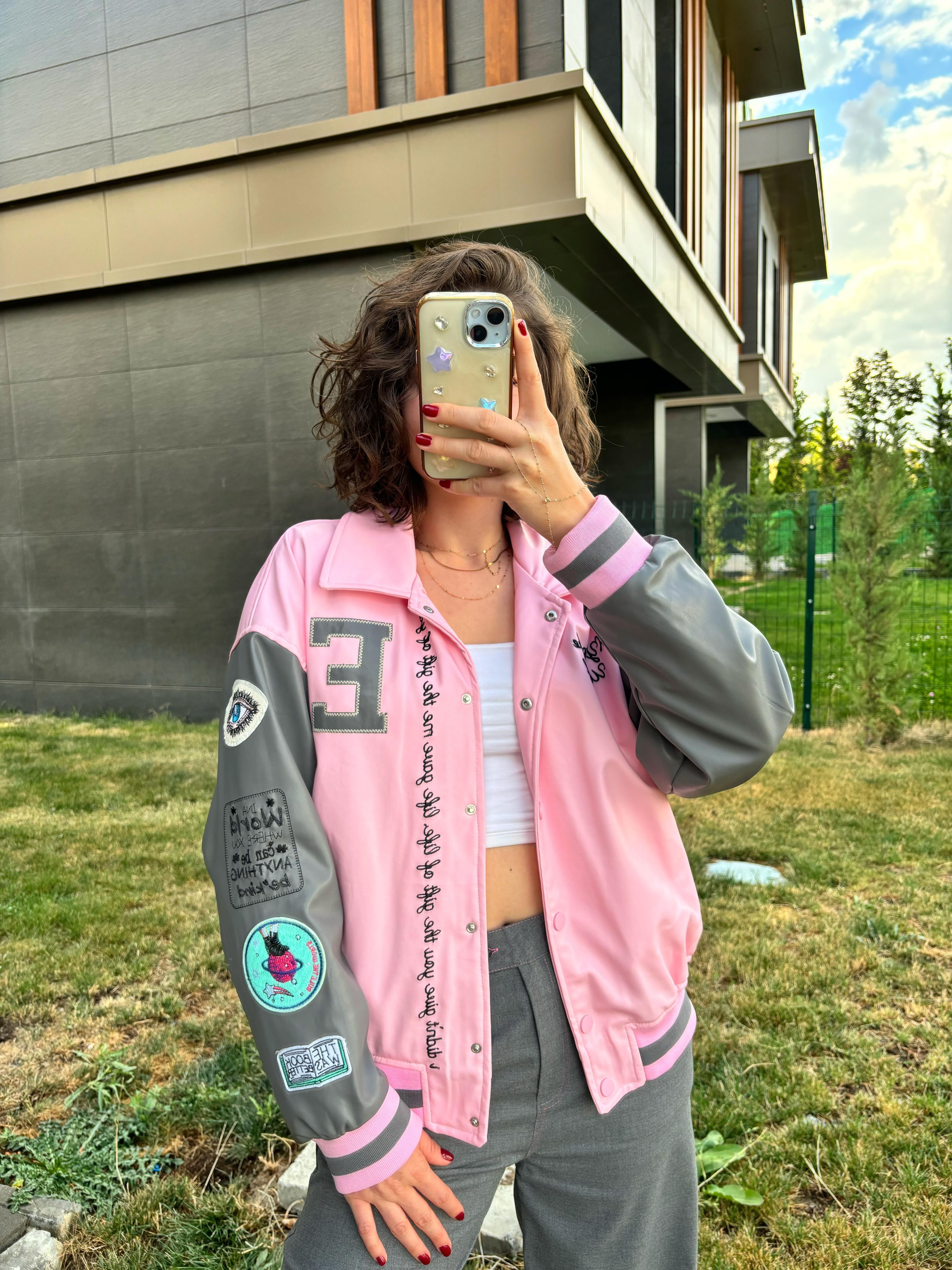 Pembe Bomber Deri Ceket