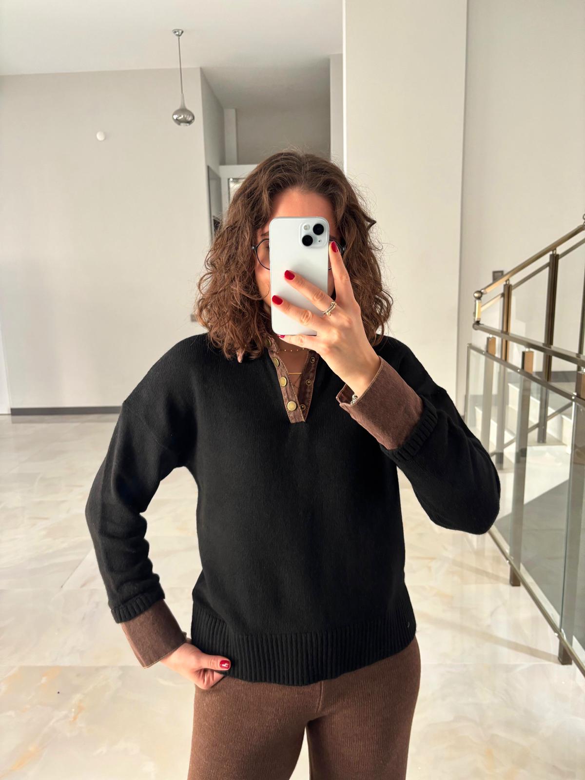 Jean Detaylı Polo Yaka Triko - SİYAH