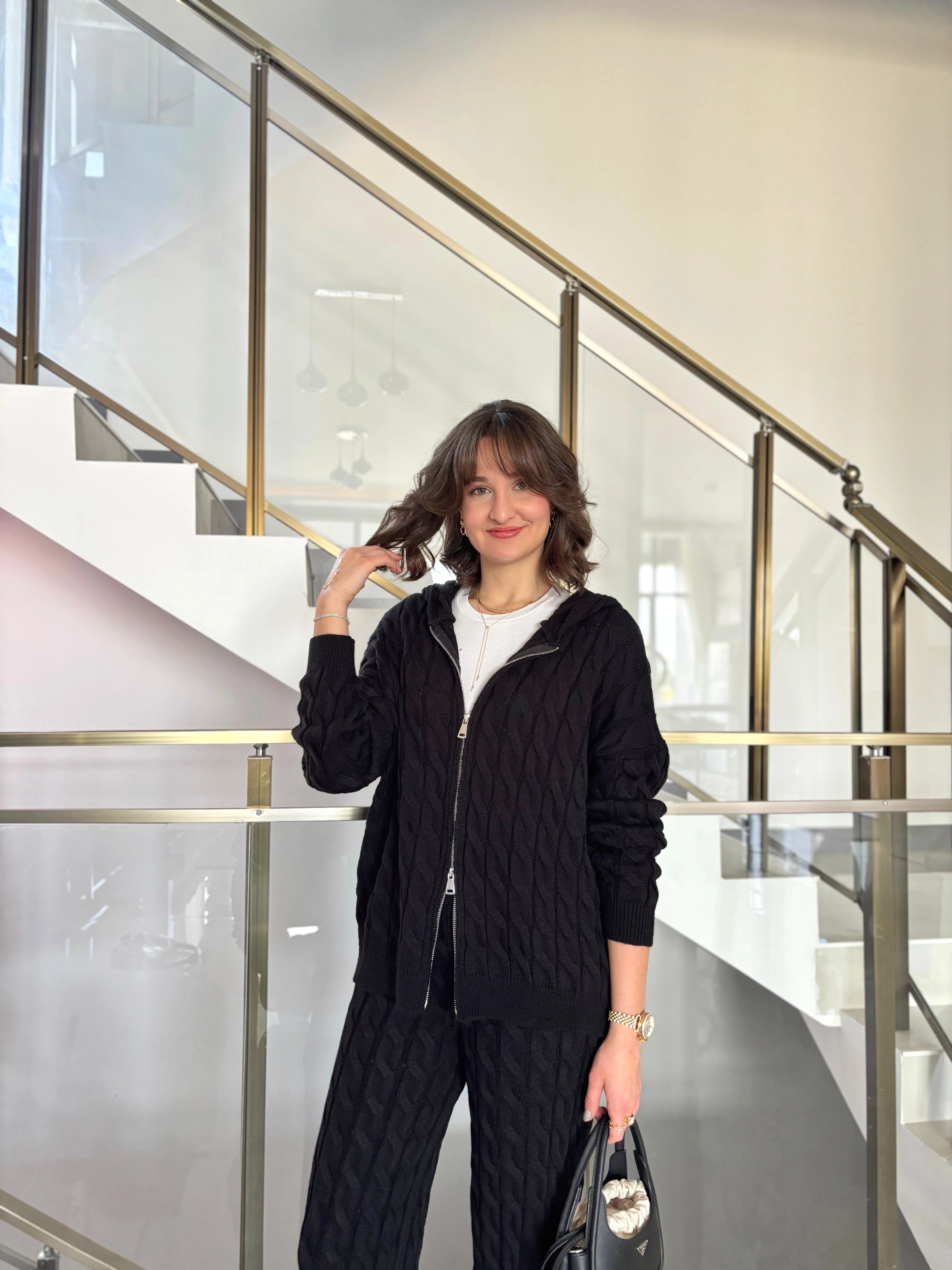 Çift Fermuarlı Saç Örgü Triko Takım