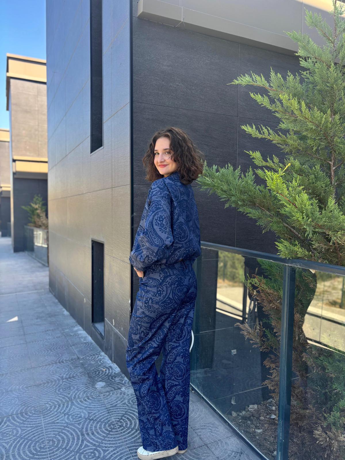 Bomber Ceketli Desenli Denim Takım