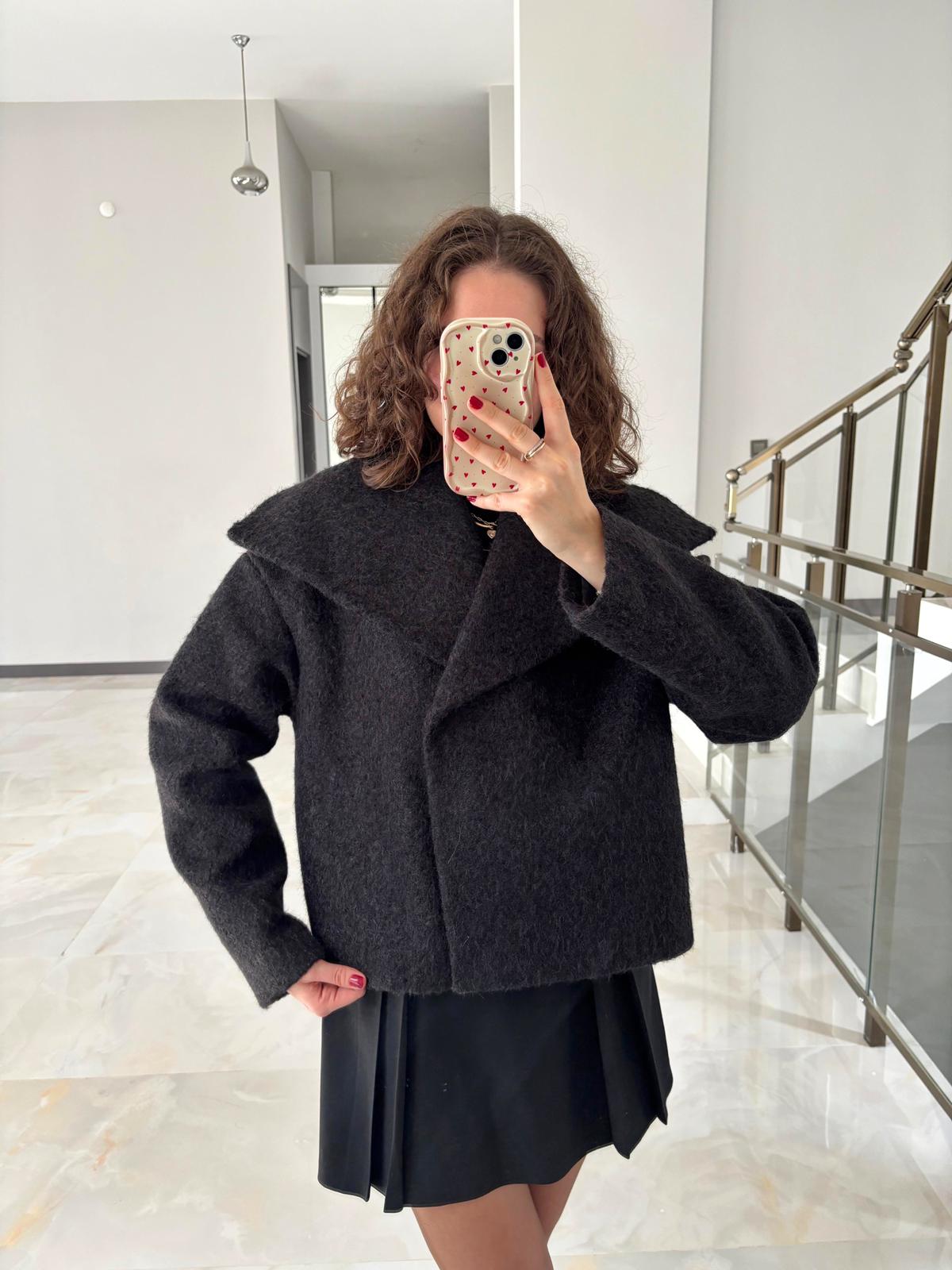 Geniş Şal Yaka Dokulu Kısa Kaban - SİYAH