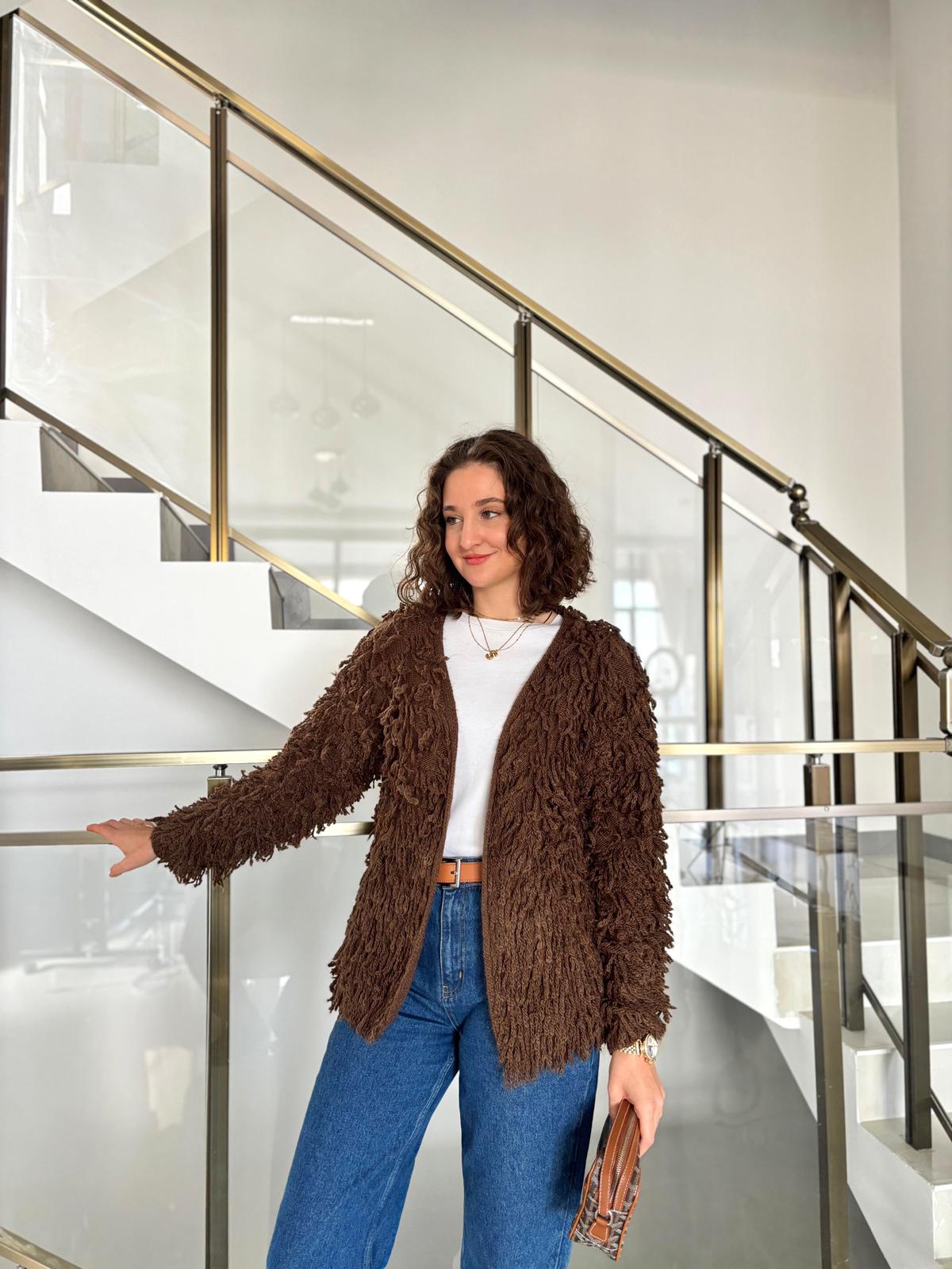 Püskül Detaylı Oversize Örme Hırka