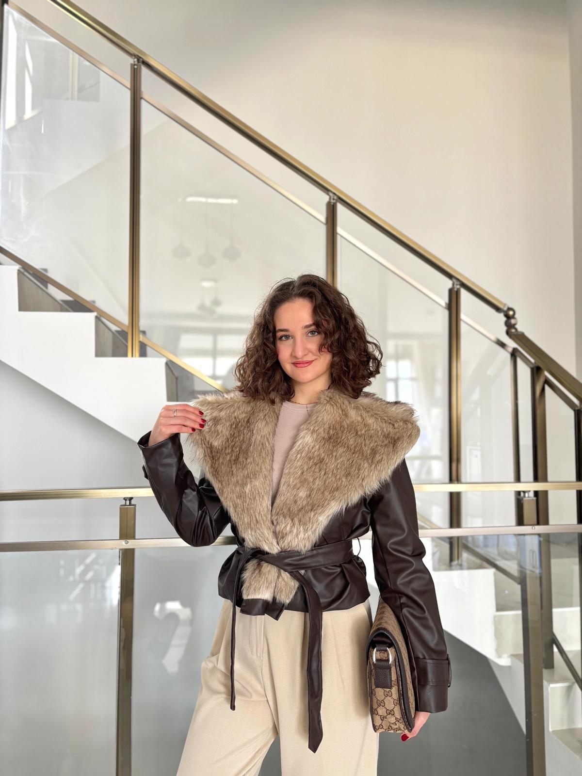 Premium Yakası Kürklü Kahve Deri Ceket