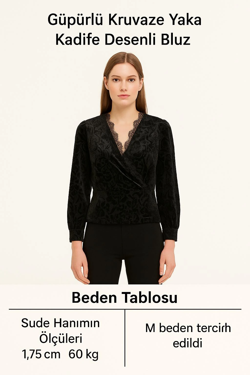 Güpürlü Kruvaze Yaka Kadife Desenli Bluz