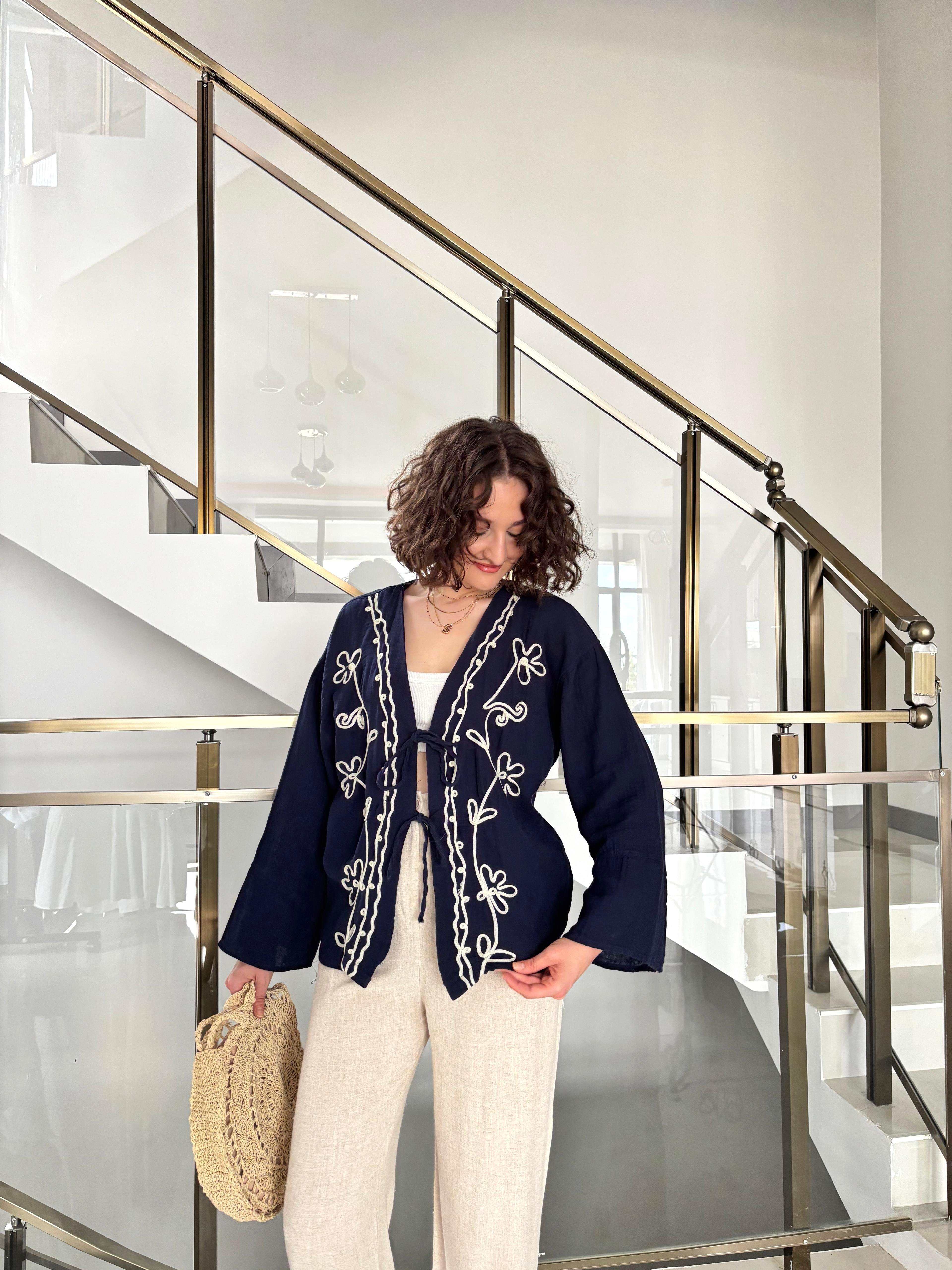 İşleme Detaylı Müslin Kimono