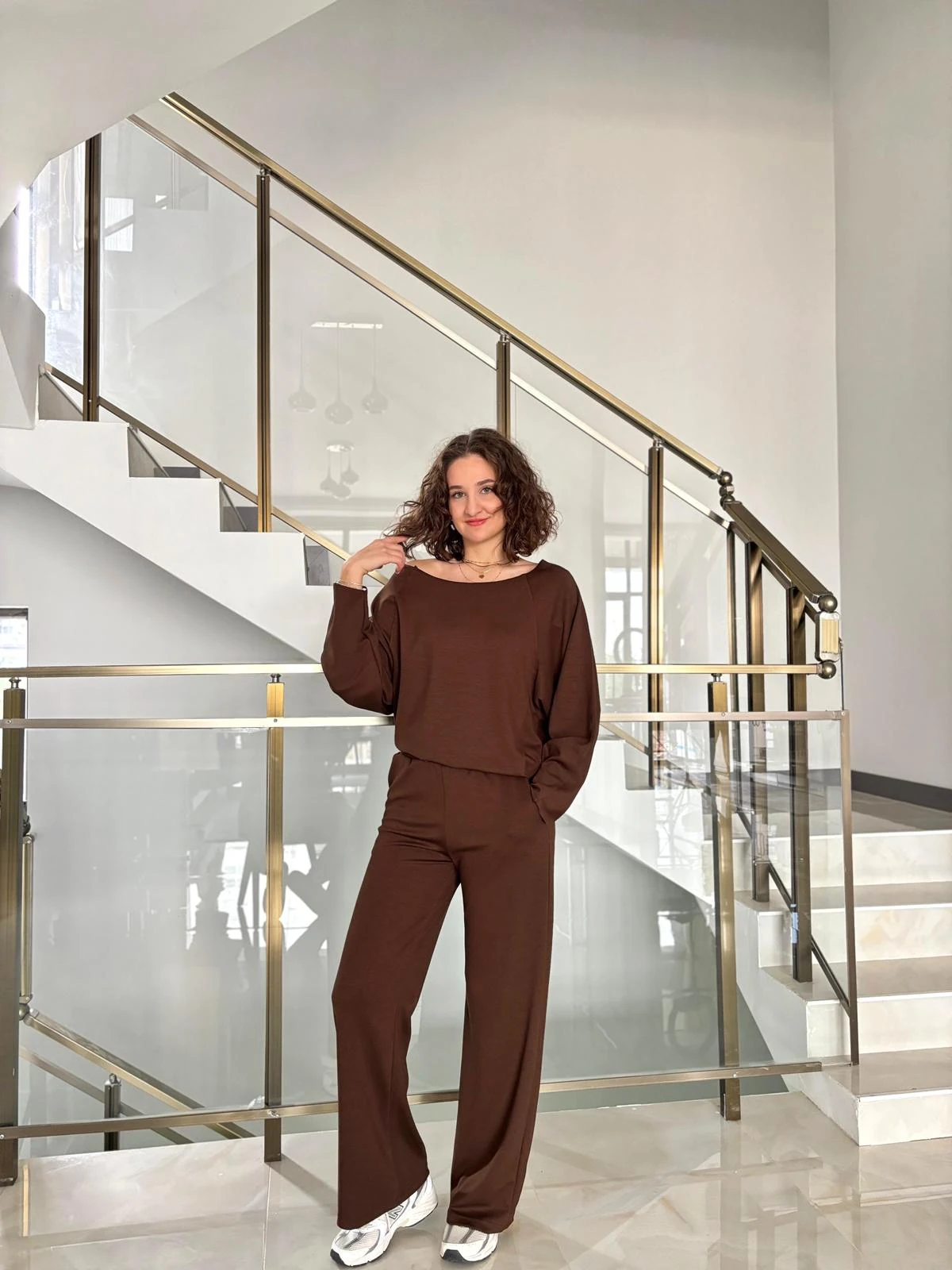 Kayık Yaka Modal Kumaş Eşofman Takımı - Kahverengi