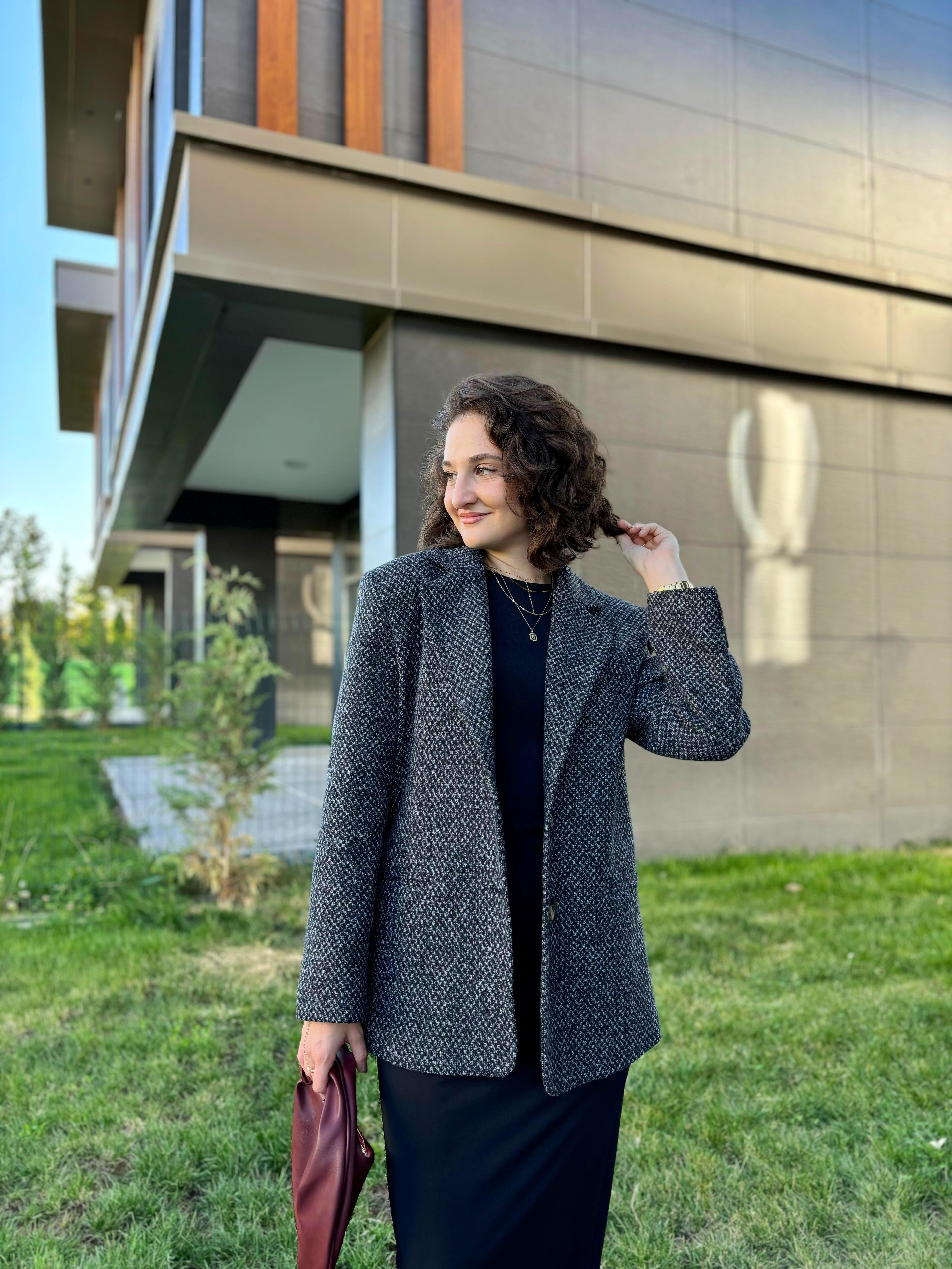 Siyah Kırçıllı Vatkalı Astarlı Kaşe Blazer Ceket